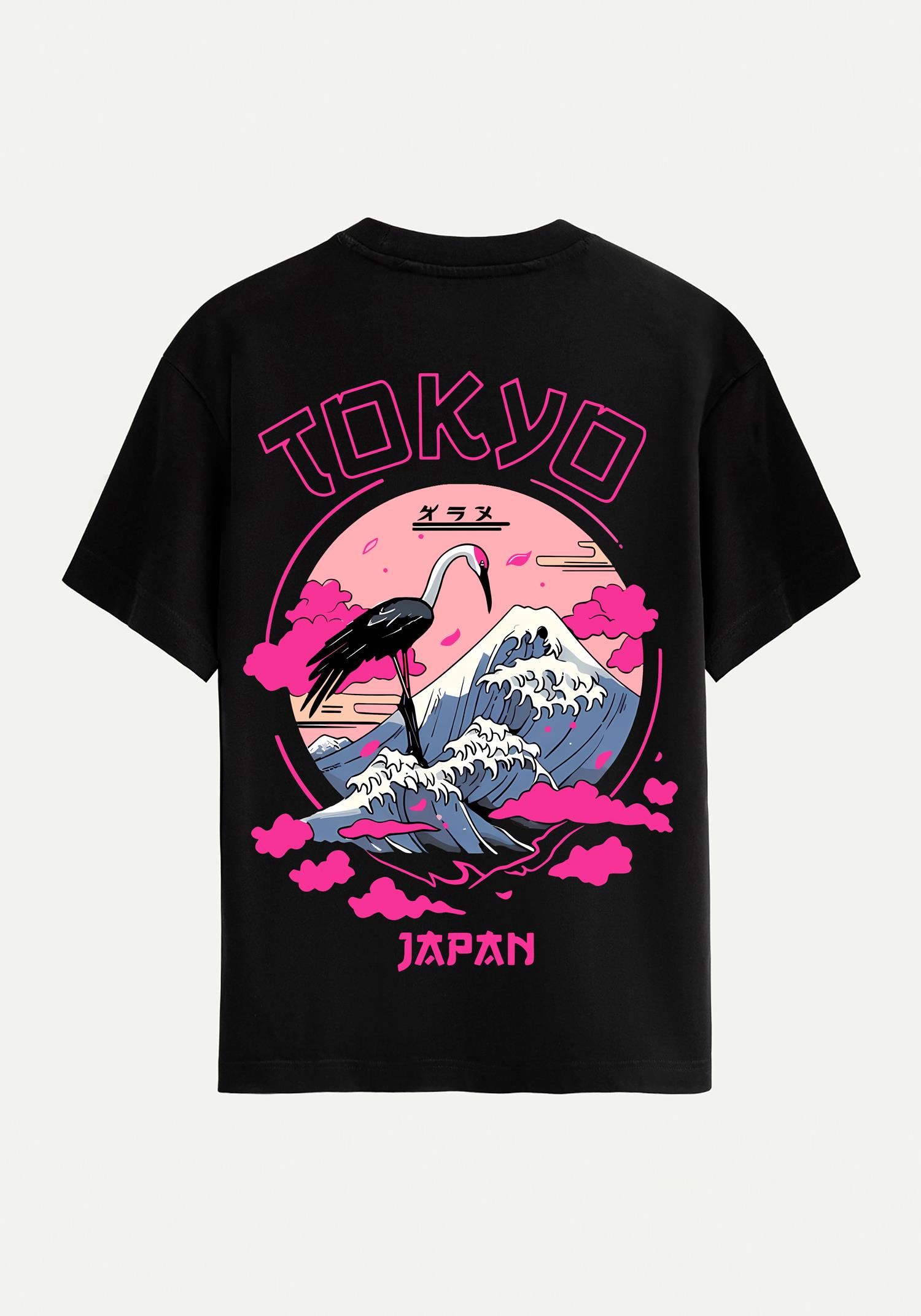 Unisex Bisiklet Yaka %100 Organik Pamuklu Kalın Dokulu Tokyo Baskılı Oversize T-shirt - SİYAH