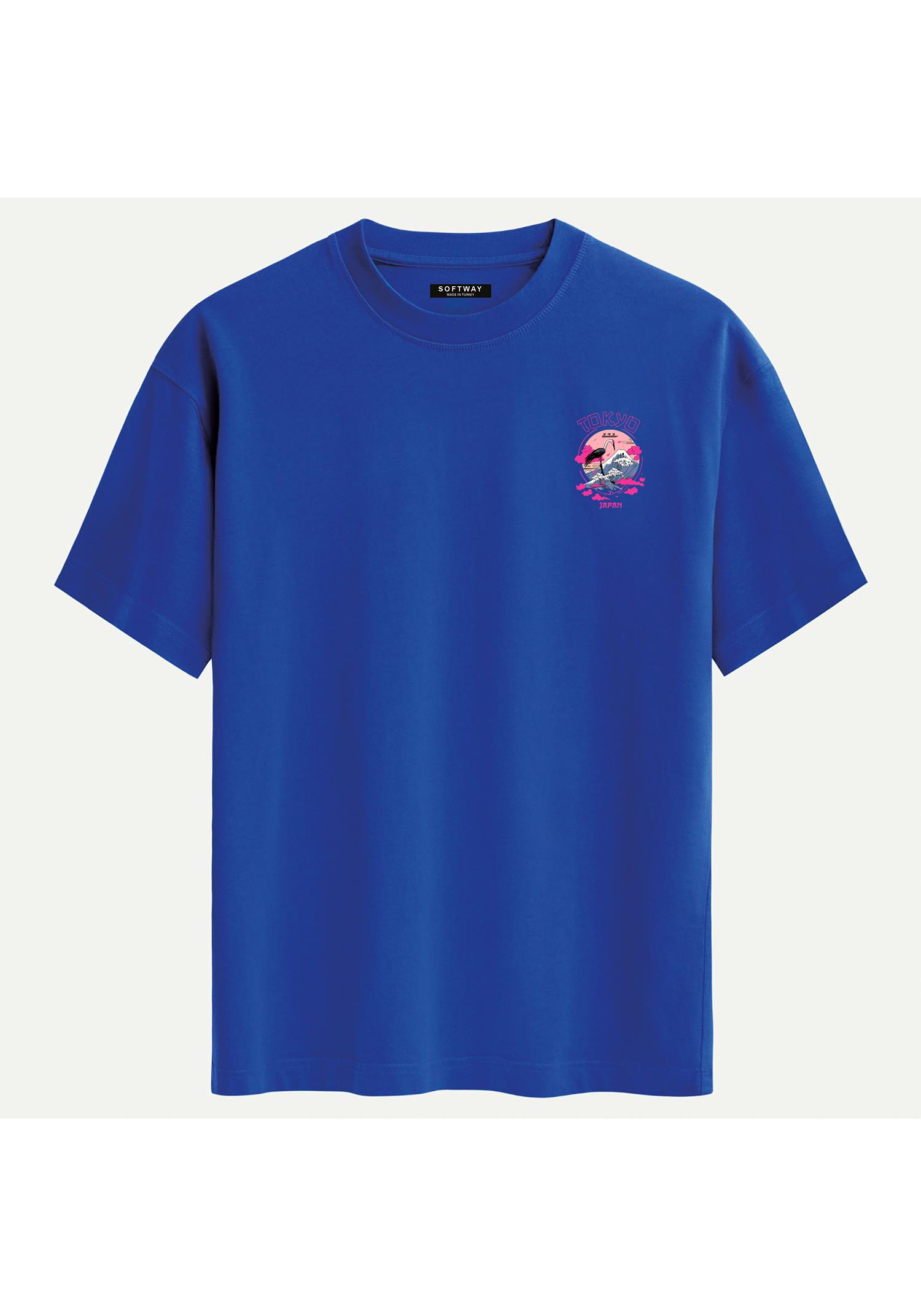 Unisex Bisiklet Yaka %100 Organik Pamuklu Kalın Dokulu Tokyo Baskılı Oversize T-shirt - SAKS MAVİSİ
