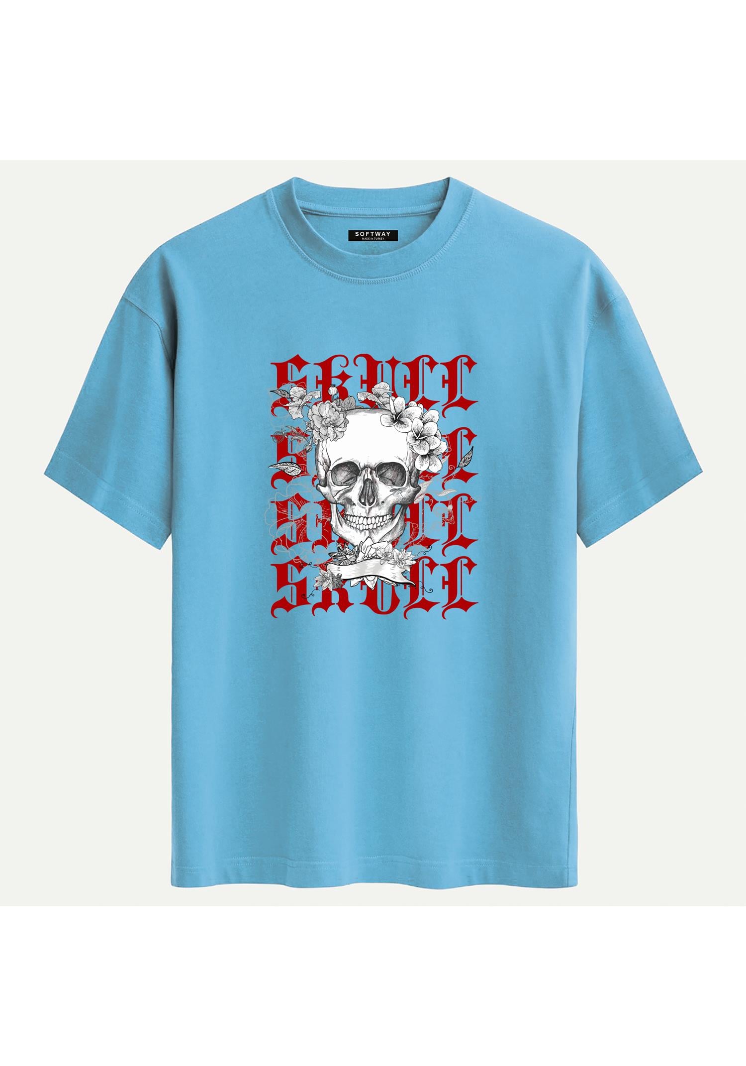Unisex Bisiklet Yaka %100 Organik Pamuklu Kalın Dokulu Skull Baskılı Oversize T-shirt - MAVİ