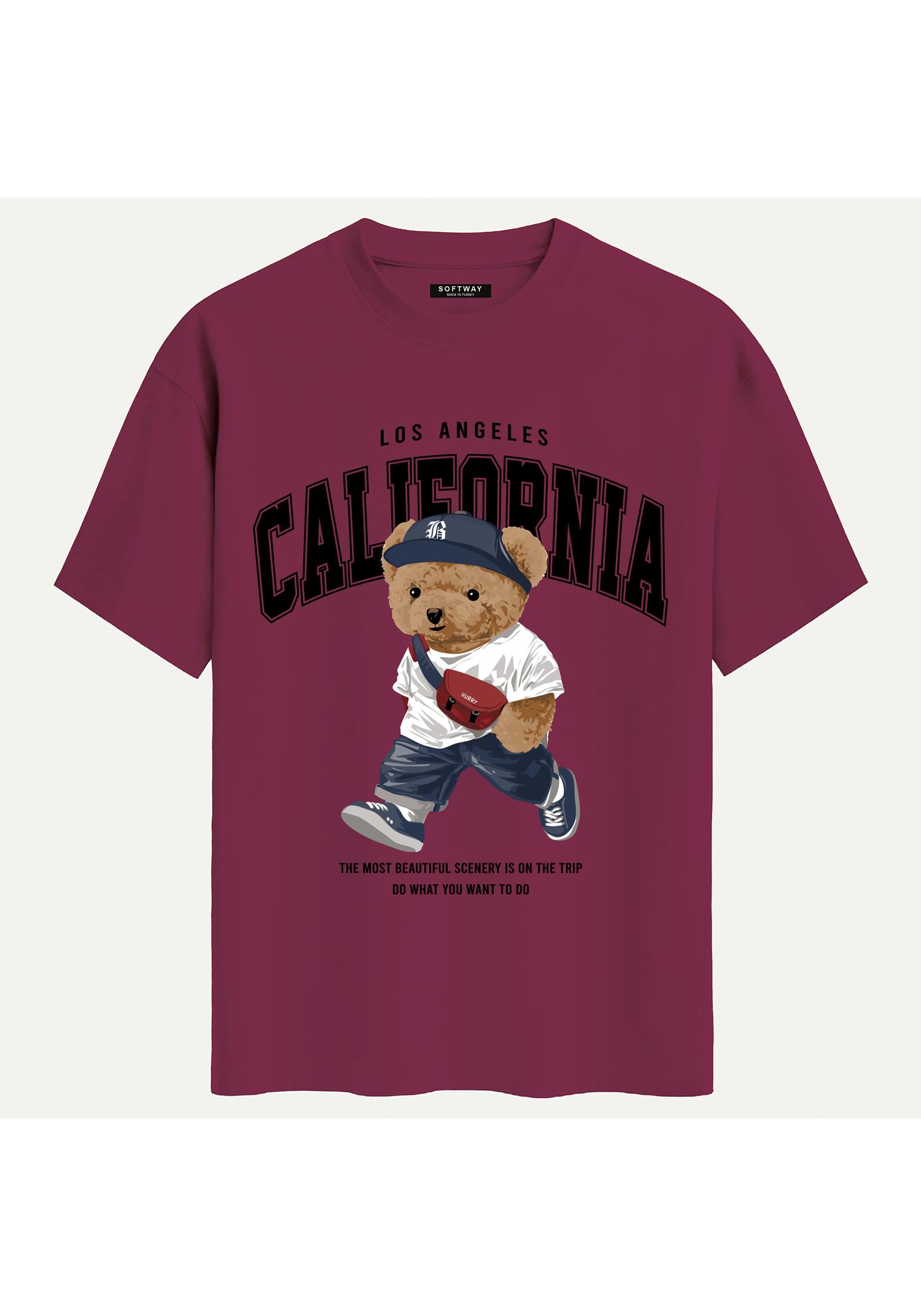 Unisex Bisiklet Yaka %100 Organik Pamuklu Kalın Dokulu California Baskılı Oversize T-shirt - BORDO