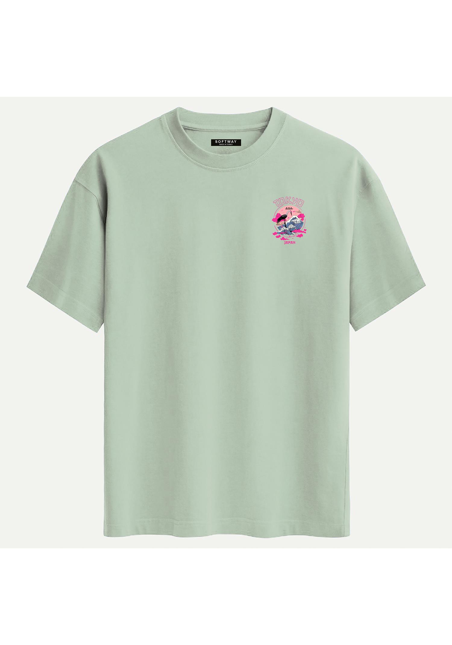 Unisex Bisiklet Yaka %100 Organik Pamuklu Kalın Dokulu Tokyo Baskılı Oversize T-shirt - BEJ