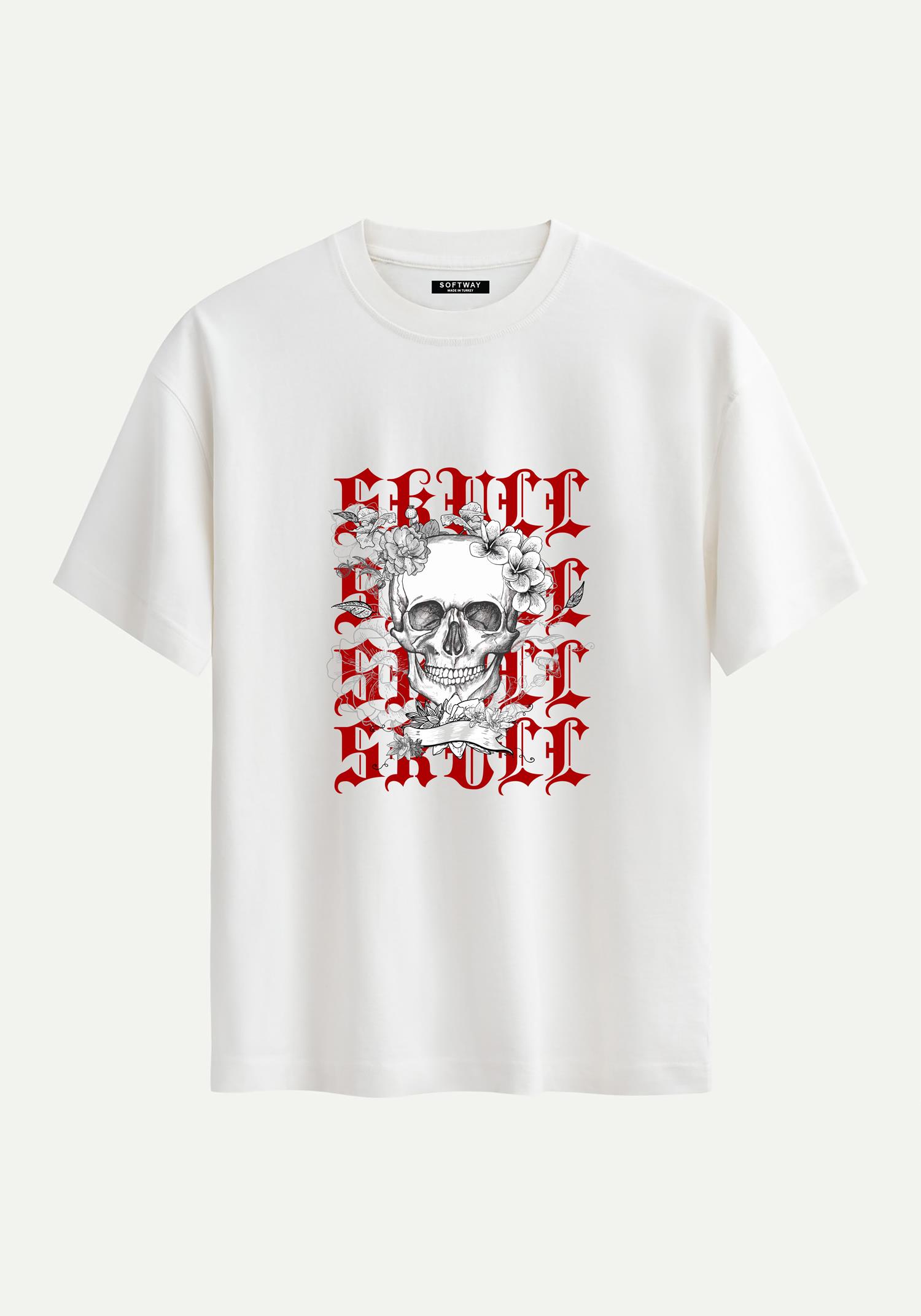 Unisex Bisiklet Yaka %100 Organik Pamuklu Kalın Dokulu Skull Baskılı Oversize T-shirt - EKRU