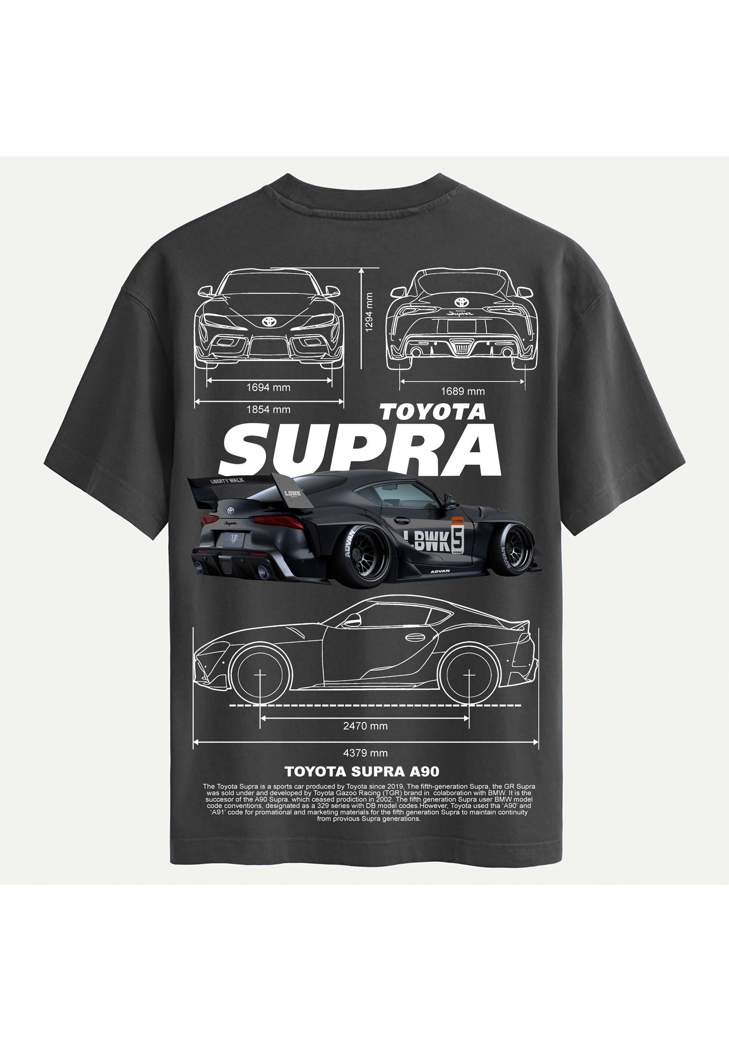 Unisex Bisiklet Yaka %100 Organik Pamuklu Kalın Dokulu Toyota Supra A90 Baskılı Oversize T-shirt - FÜME