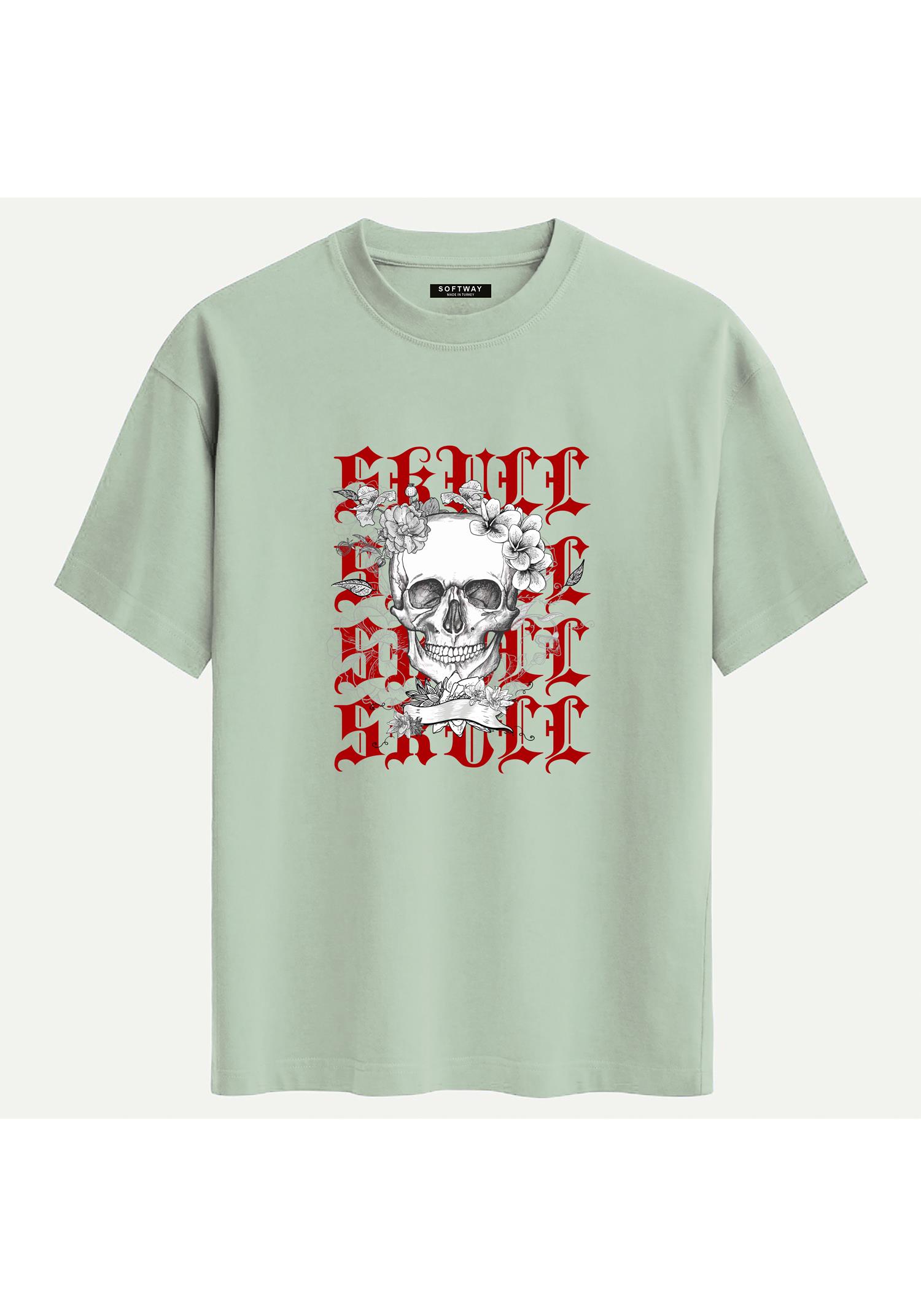Unisex Bisiklet Yaka %100 Organik Pamuklu Kalın Dokulu Skull Baskılı Oversize T-shirt - BEJ