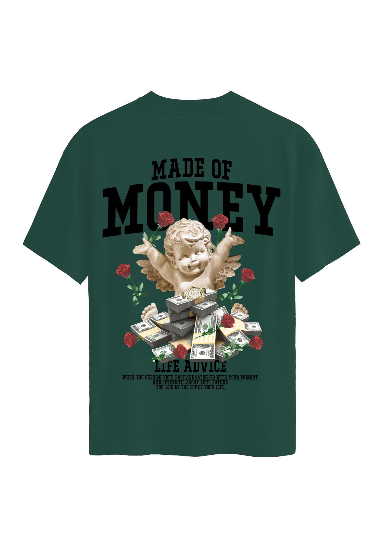 Unisex Bisiklet Yaka %100 Organik Pamuklu Kalın Dokulu Made Of Money Baskılı Oversize T-shirt - KOYU YEŞİL