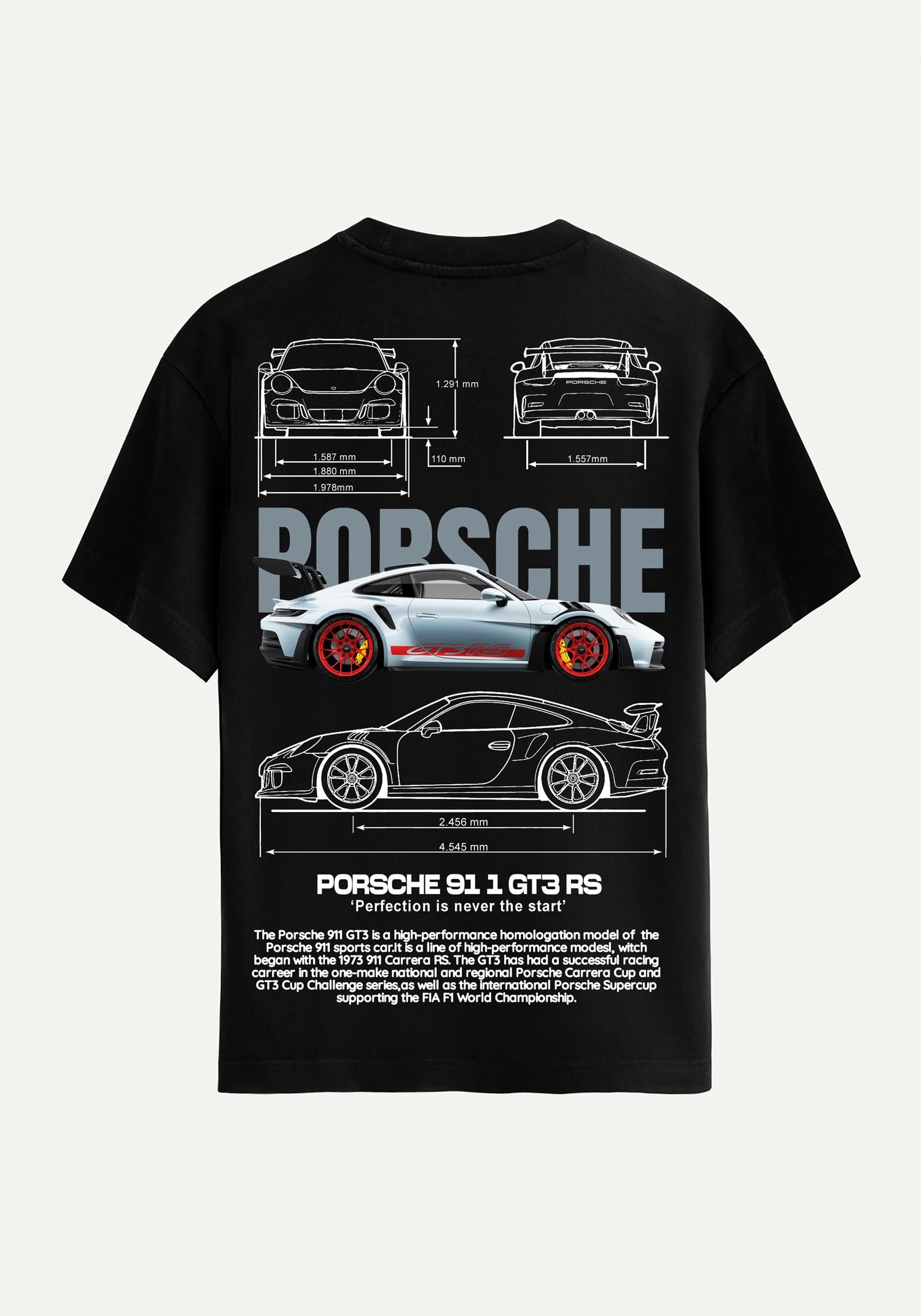 Unisex Bisiklet Yaka %100 Organik Pamuklu Kalın Dokulu Porsche 911 gt3 rs Baskılı Oversize T-shirt - SİYAH