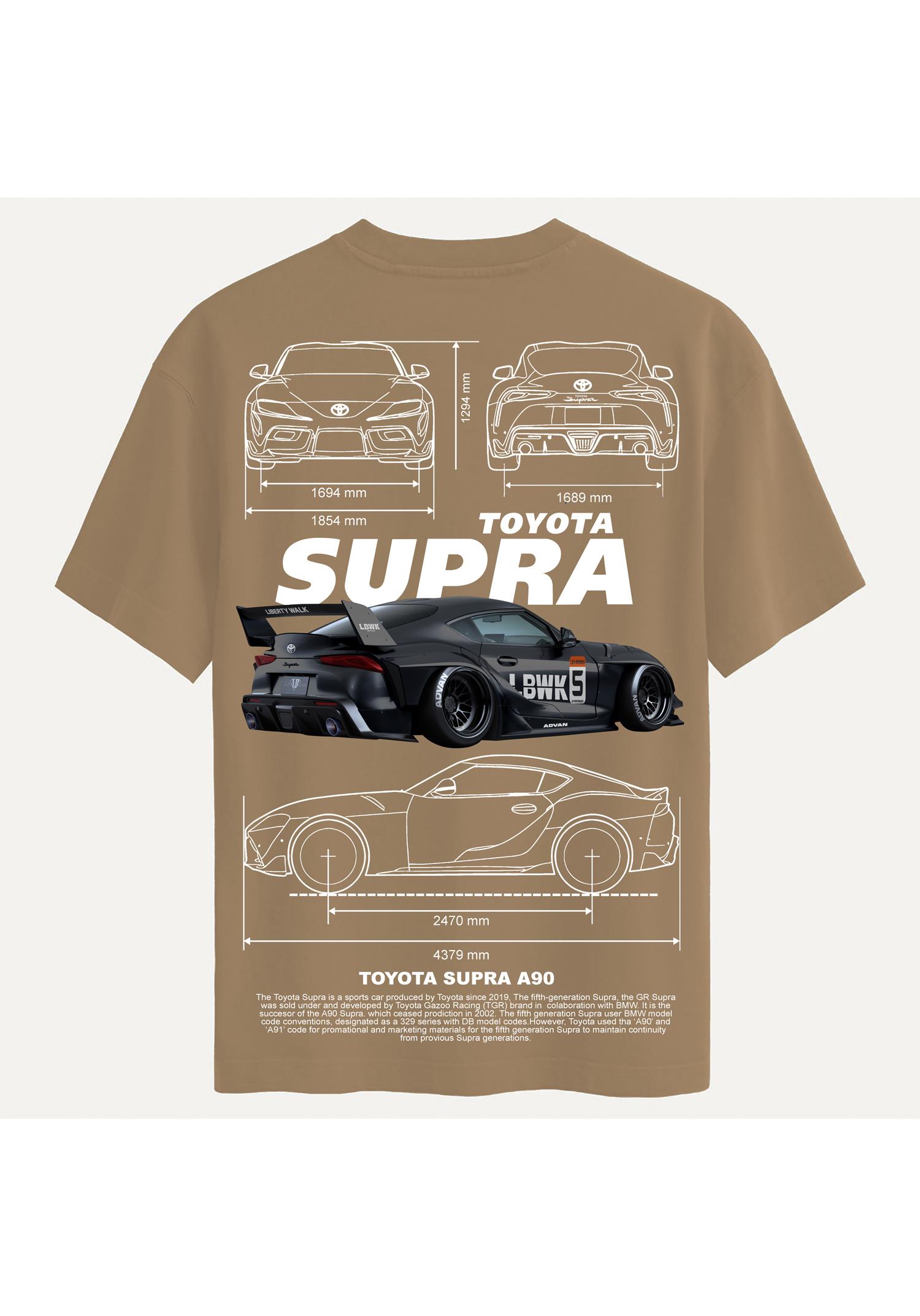 Unisex Bisiklet Yaka %100 Organik Pamuklu Kalın Dokulu Toyota Supra A90 Baskılı Oversize T-shirt - AÇIK KAHVERENGİ