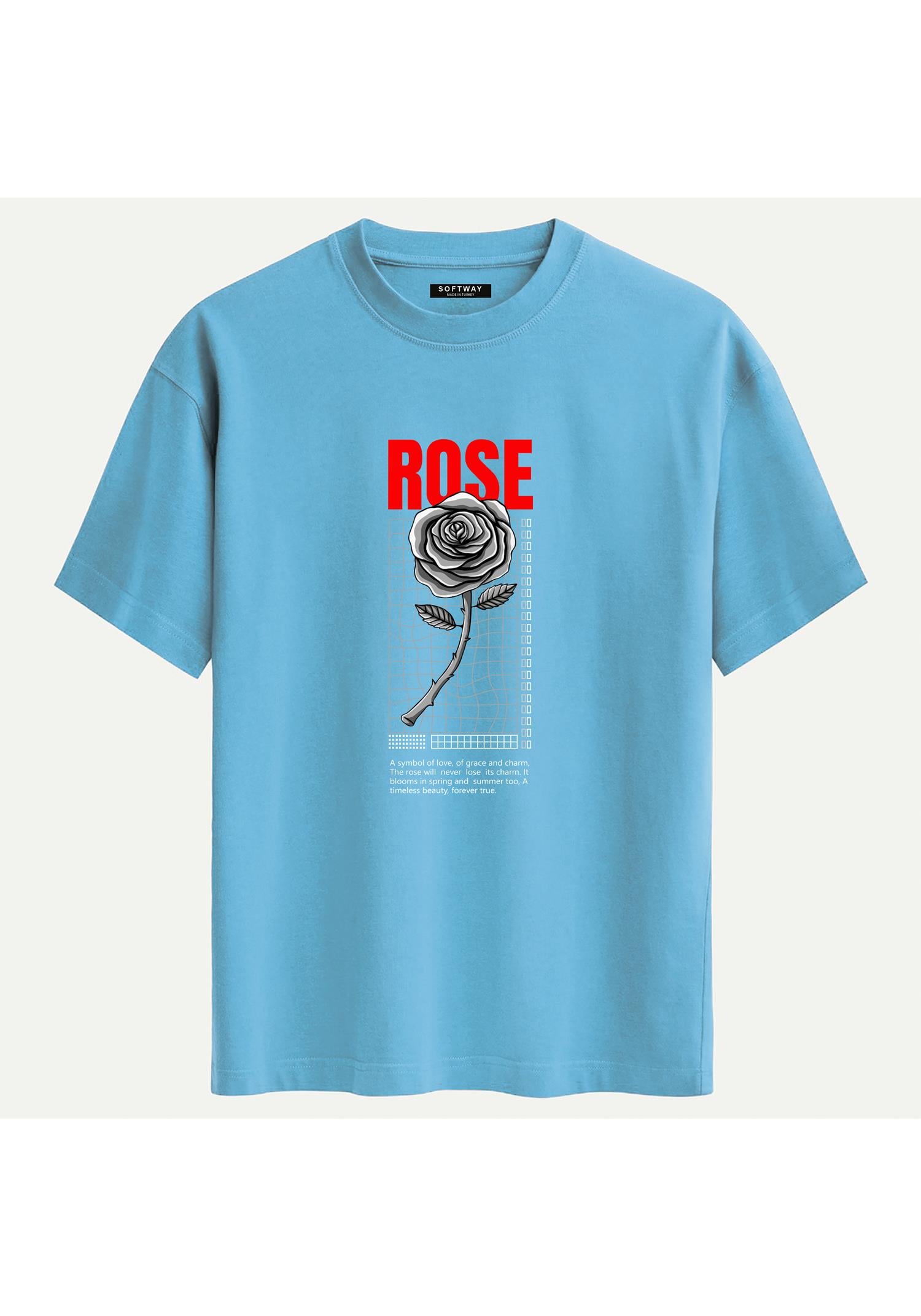 Unisex Bisiklet Yaka %100 Organik Pamuklu Kalın Dokulu Rose Baskılı Oversize T-shirt - MAVİ