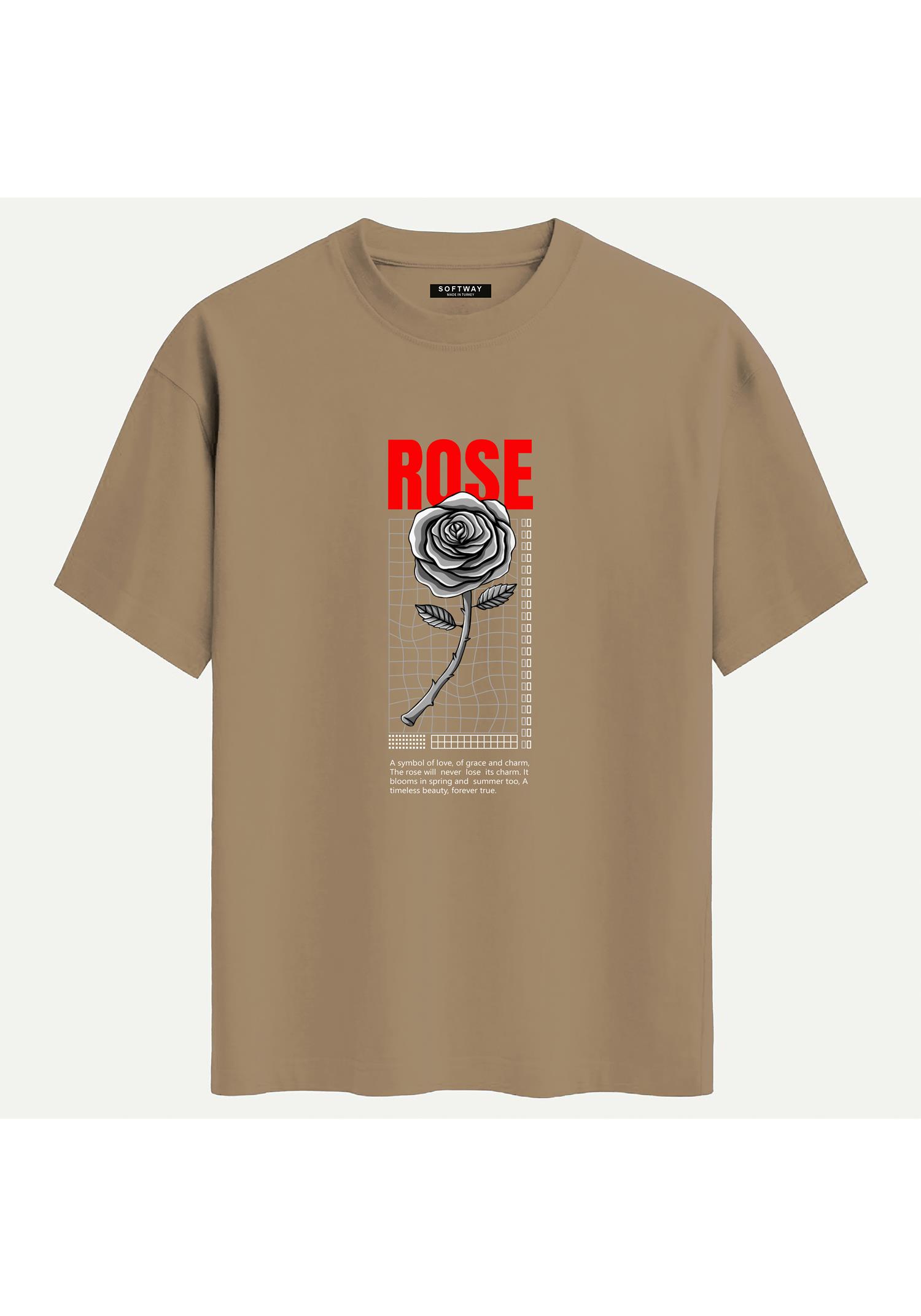 Unisex Bisiklet Yaka %100 Organik Pamuklu Kalın Dokulu Rose Baskılı Oversize T-shirt - AÇIK KAHVERENGİ