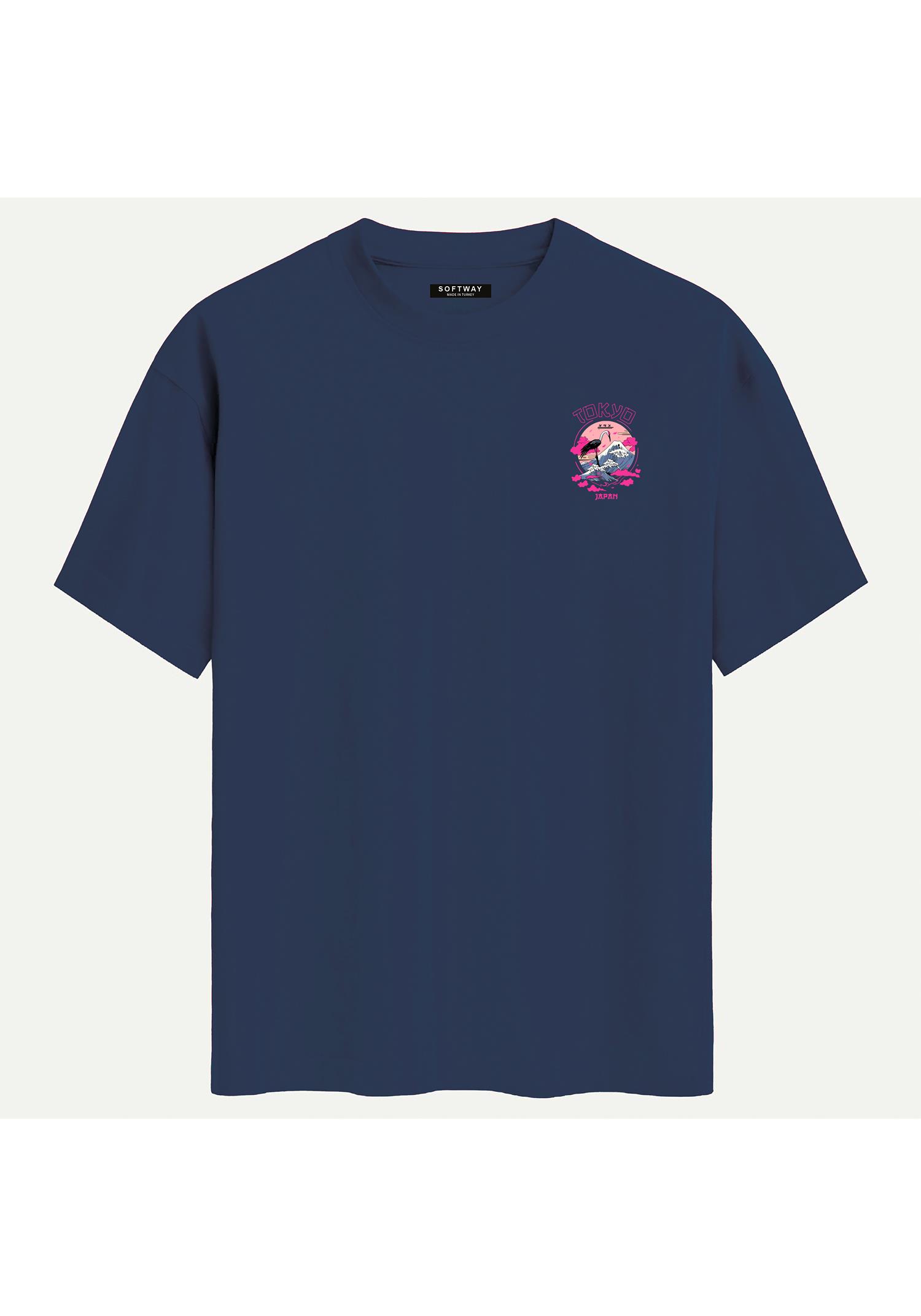 Unisex Bisiklet Yaka %100 Organik Pamuklu Kalın Dokulu Tokyo Baskılı Oversize T-shirt - LACİVERT
