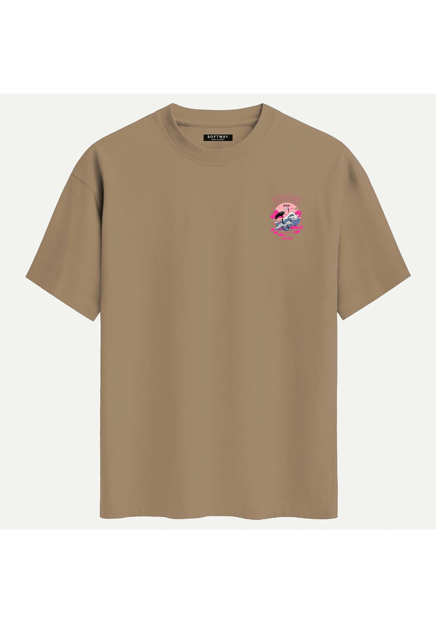 Unisex Bisiklet Yaka %100 Organik Pamuklu Kalın Dokulu Tokyo Baskılı Oversize T-shirt - AÇIK KAHVERENGİ