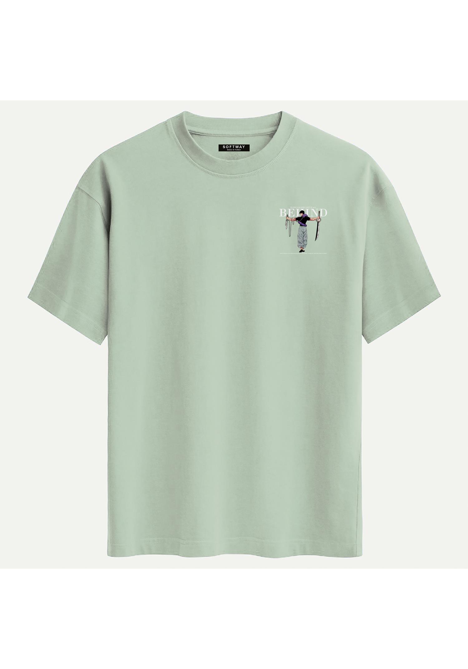 Unisex Bisiklet Yaka %100 Organik Pamuklu Kalın Dokulu Behind Baskılı Oversize T-shirt - BEJ