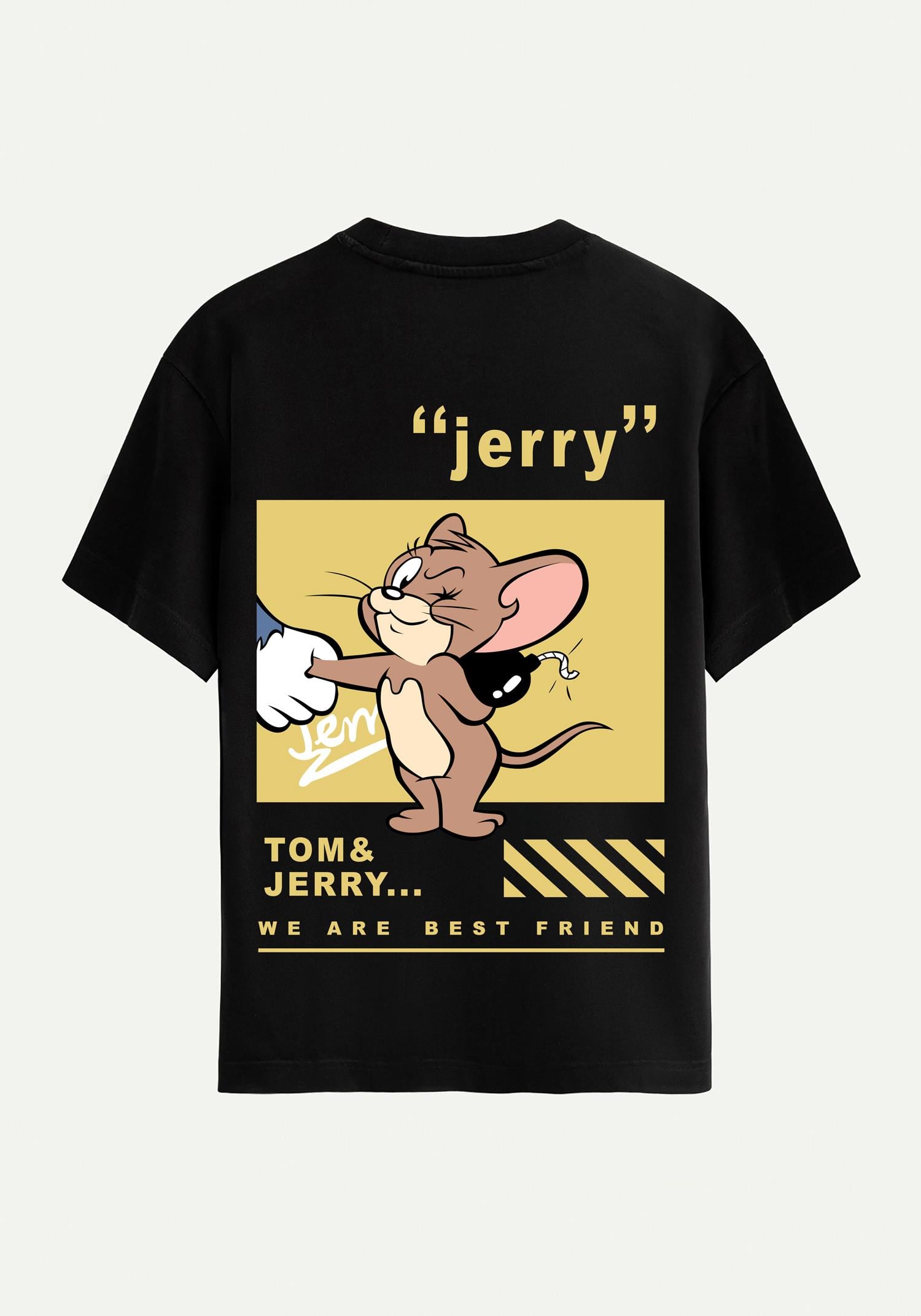 Unisex Bisiklet Yaka %100 Organik Pamuklu Kalın Dokulu Jerry Baskılı Oversize T-shirt - SİYAH
