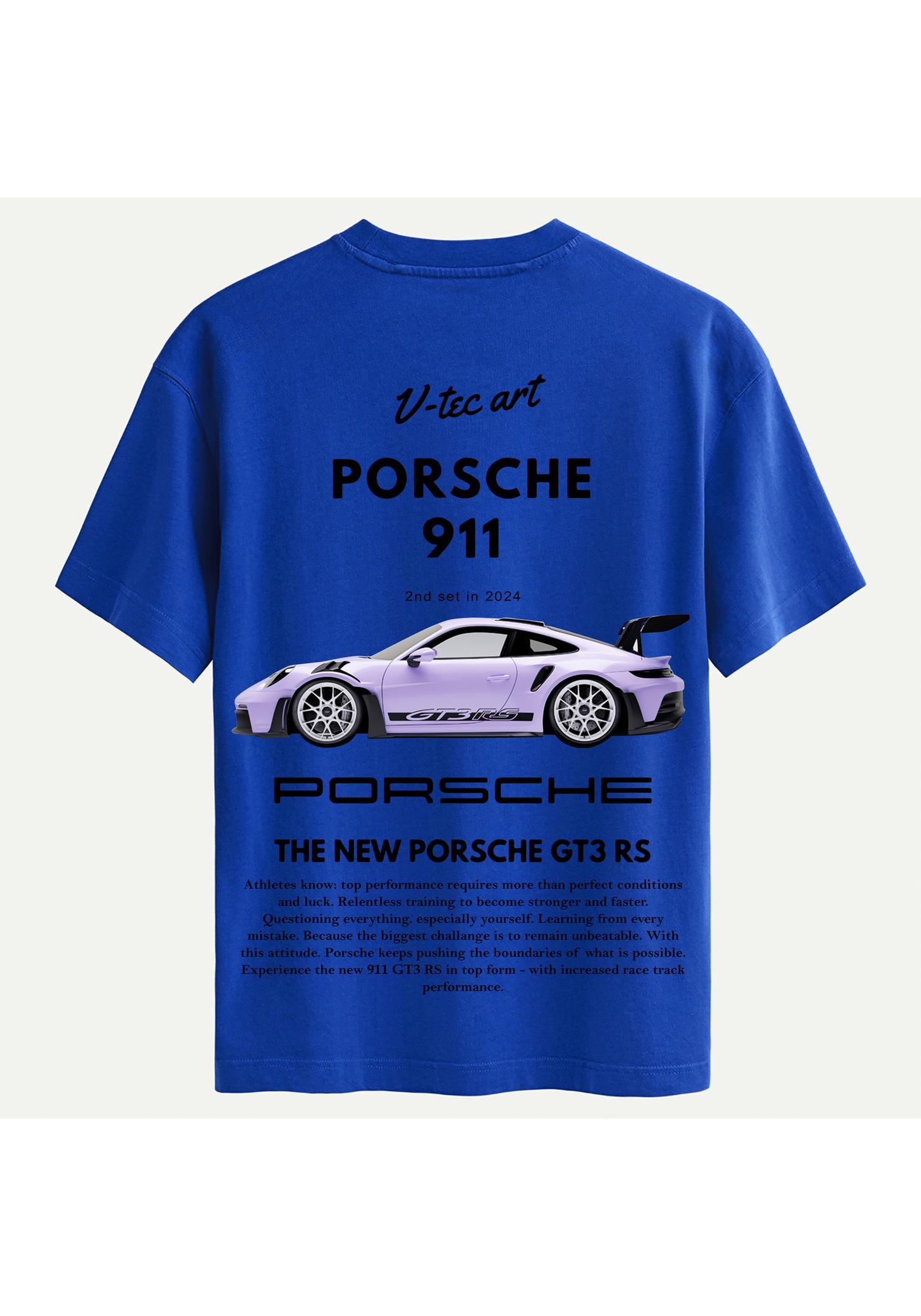 Unisex Bisiklet Yaka %100 Organik Pamuklu Kalın Dokulu Porsche 911 Baskılı Oversize T-shirt - SAKS MAVİSİ