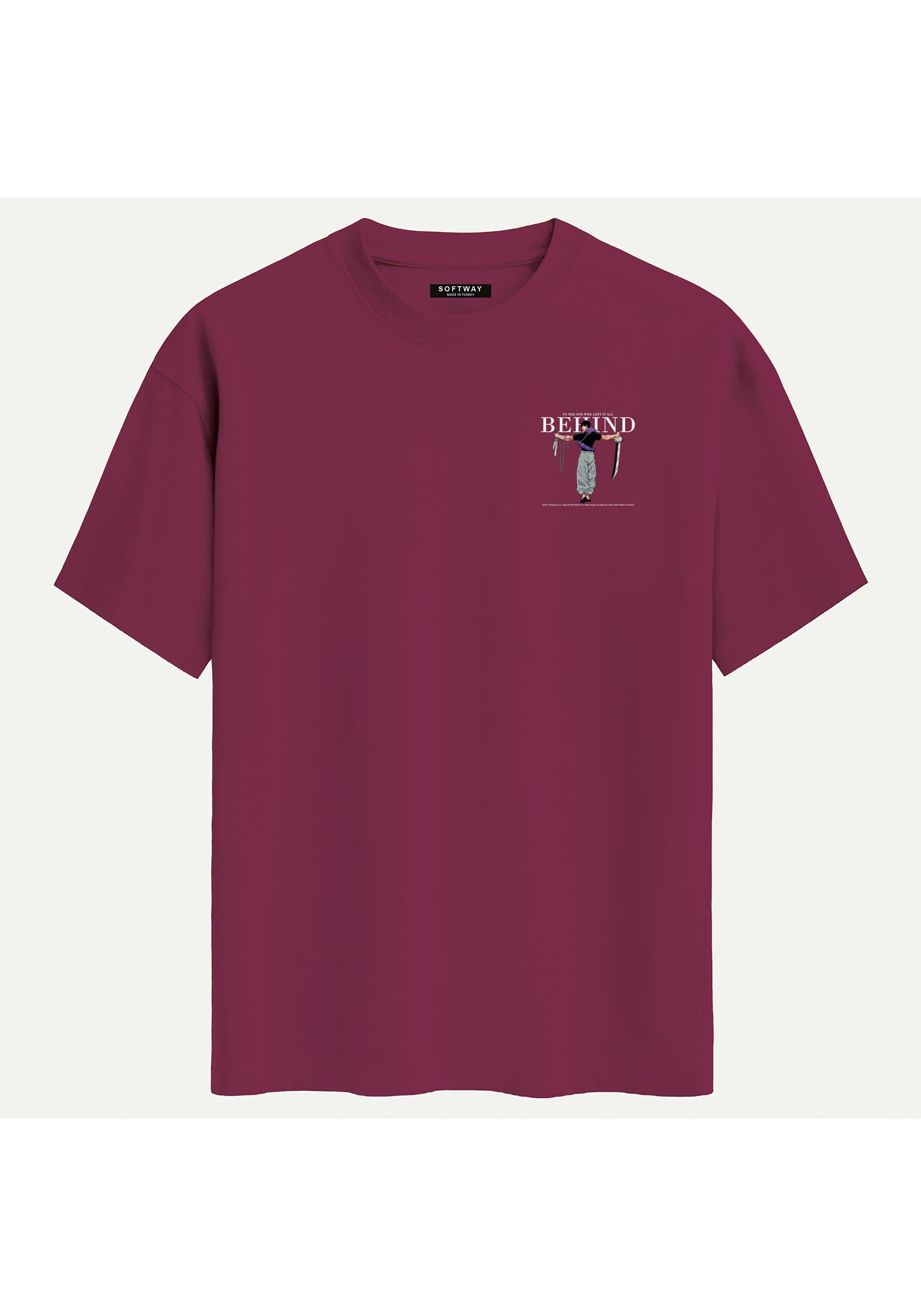 Unisex Bisiklet Yaka %100 Organik Pamuklu Kalın Dokulu Behind Baskılı Oversize T-shirt - BORDO