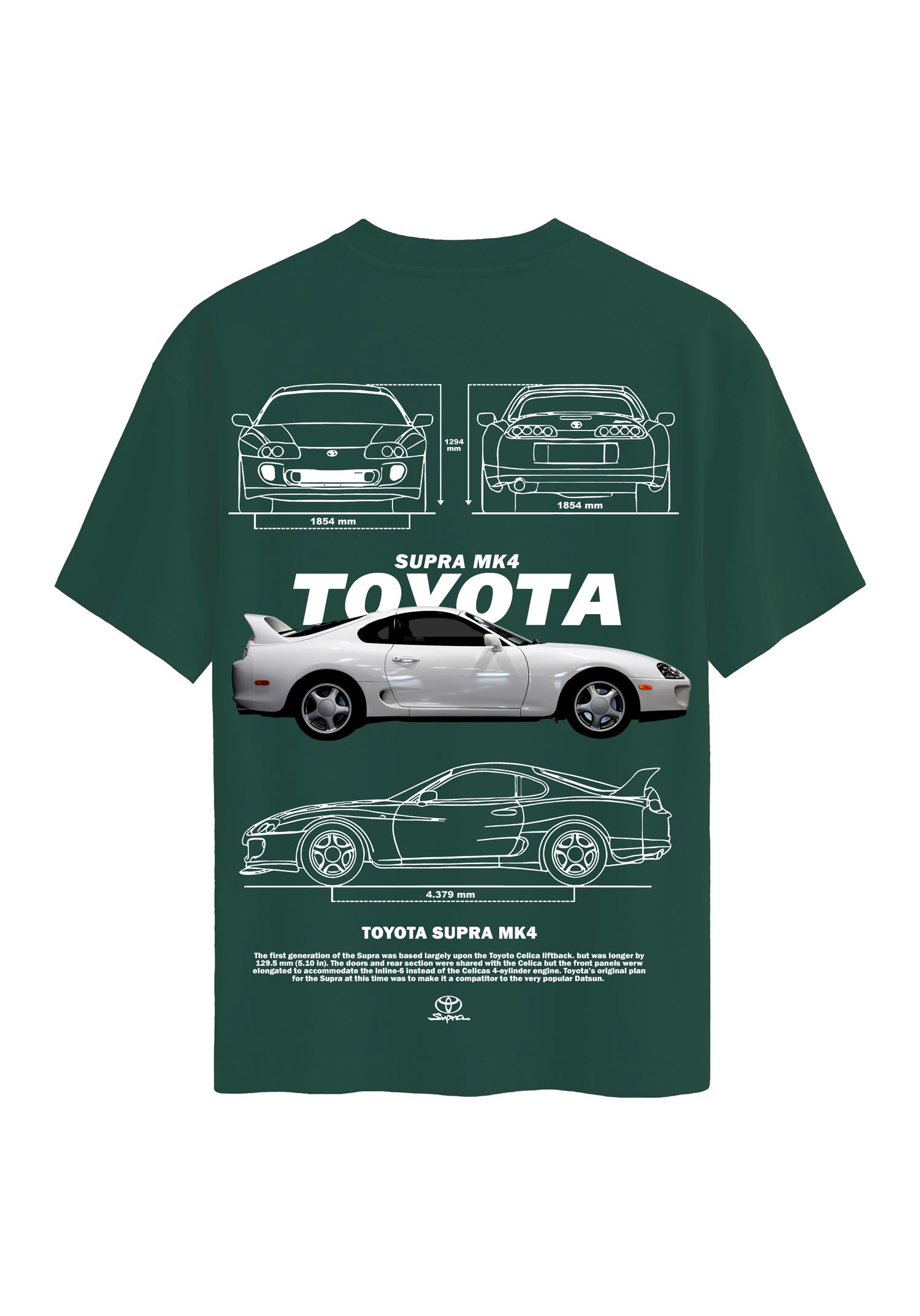 Unisex Bisiklet Yaka %100 Organik Pamuklu Kalın Dokulu Toyota Supra mk4 Baskılı Oversize T-shirt - KOYU YEŞİL