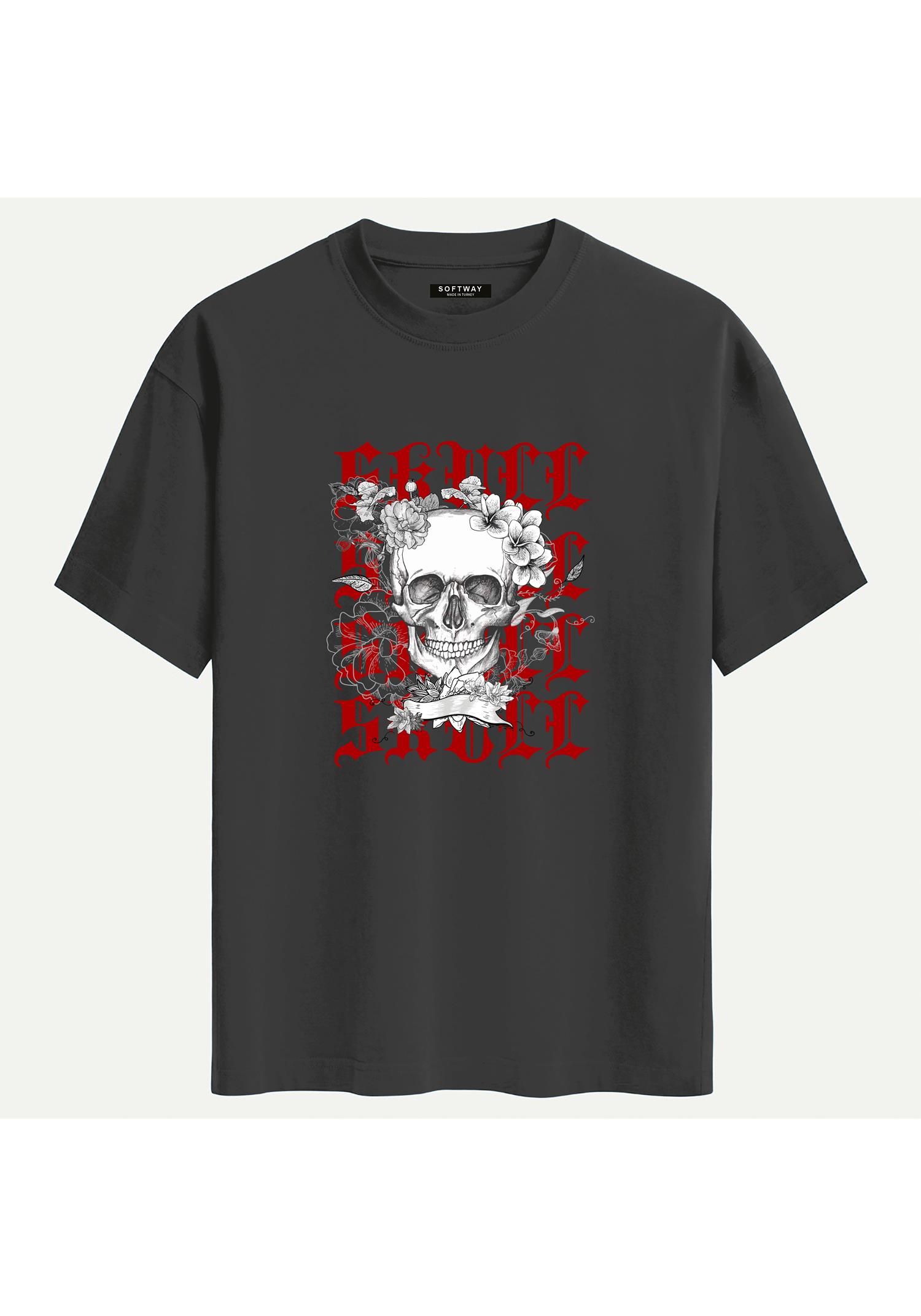 Unisex Bisiklet Yaka %100 Organik Pamuklu Kalın Dokulu Skull Baskılı Oversize T-shirt - FÜME