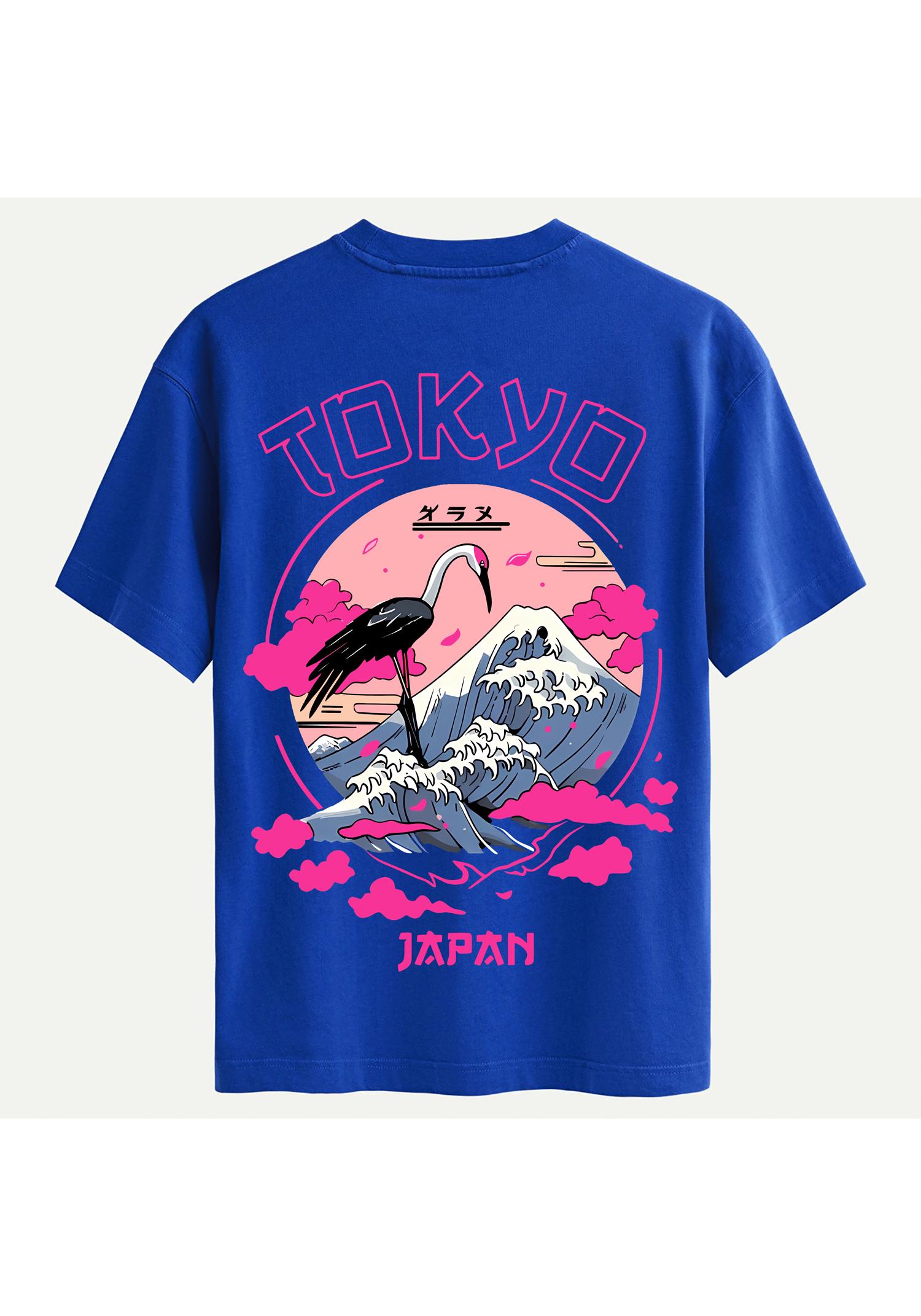 Unisex Bisiklet Yaka %100 Organik Pamuklu Kalın Dokulu Tokyo Baskılı Oversize T-shirt - SAKS MAVİSİ