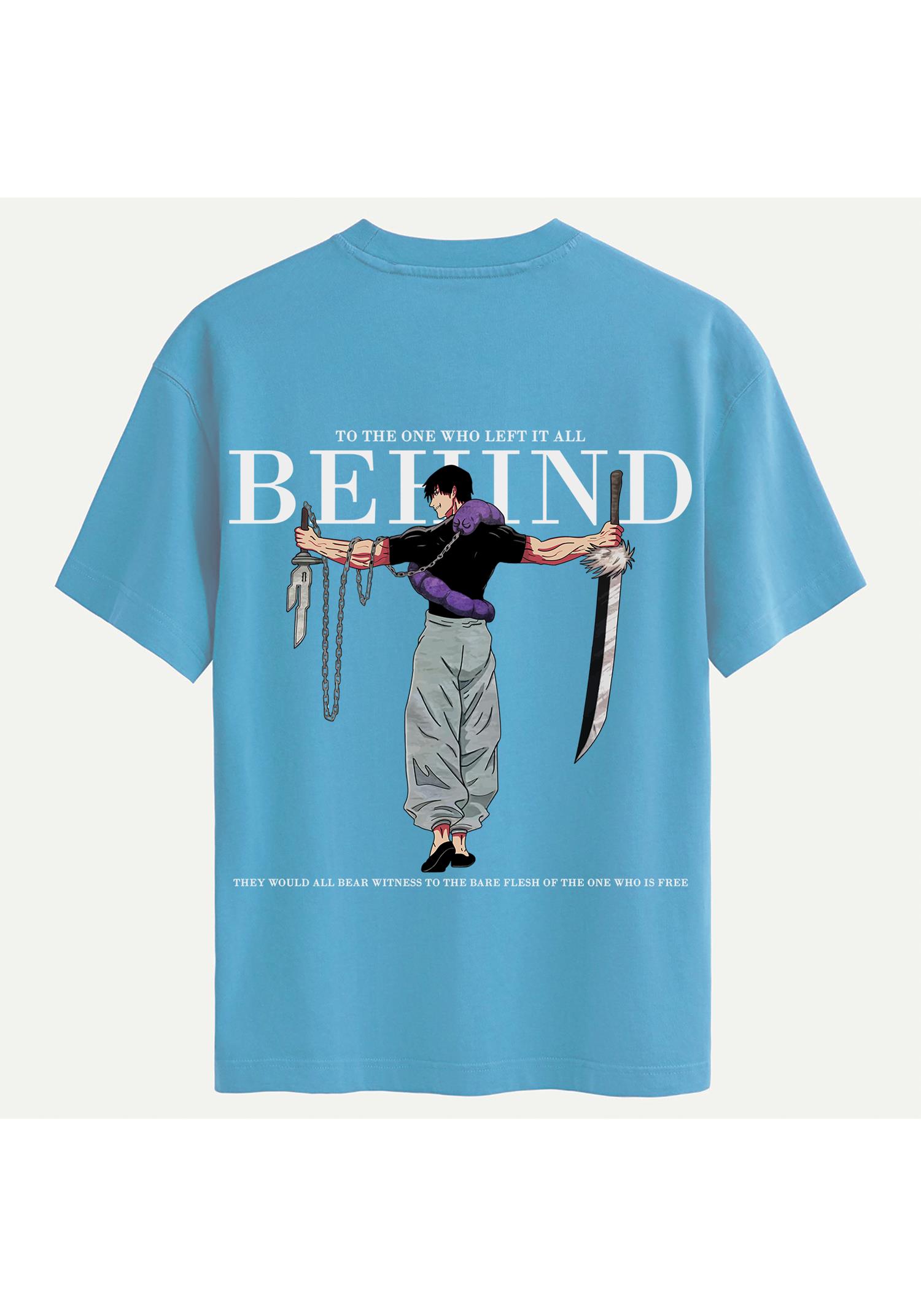 Unisex Bisiklet Yaka %100 Organik Pamuklu Kalın Dokulu Behind Baskılı Oversize T-shirt - MAVİ