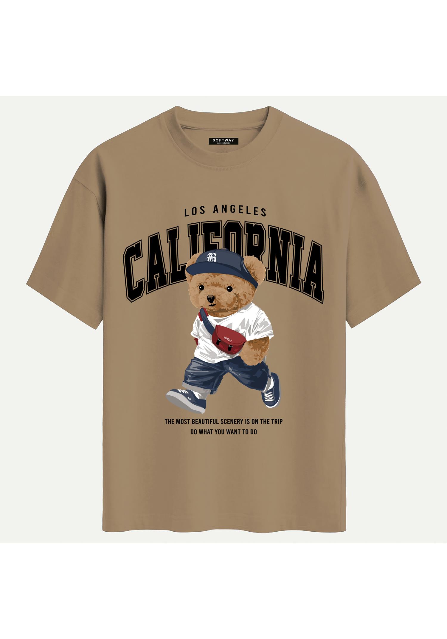 Unisex Bisiklet Yaka %100 Organik Pamuklu Kalın Dokulu Behind California Oversize T-shirt - AÇIK KAHVERENGİ