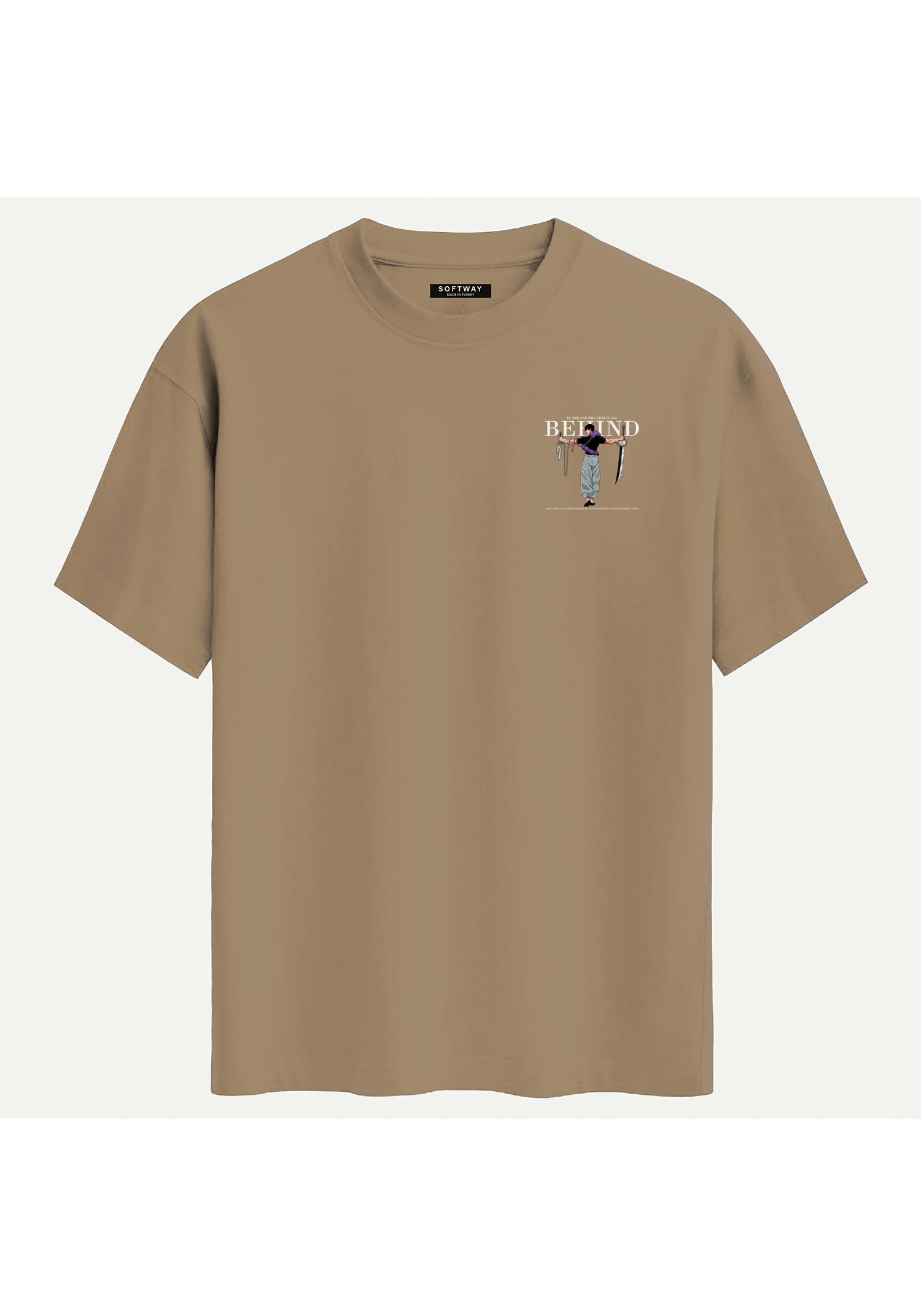 Unisex Bisiklet Yaka %100 Organik Pamuklu Kalın Dokulu Behind Baskılı Oversize T-shirt - AÇIK KAHVERENGİ