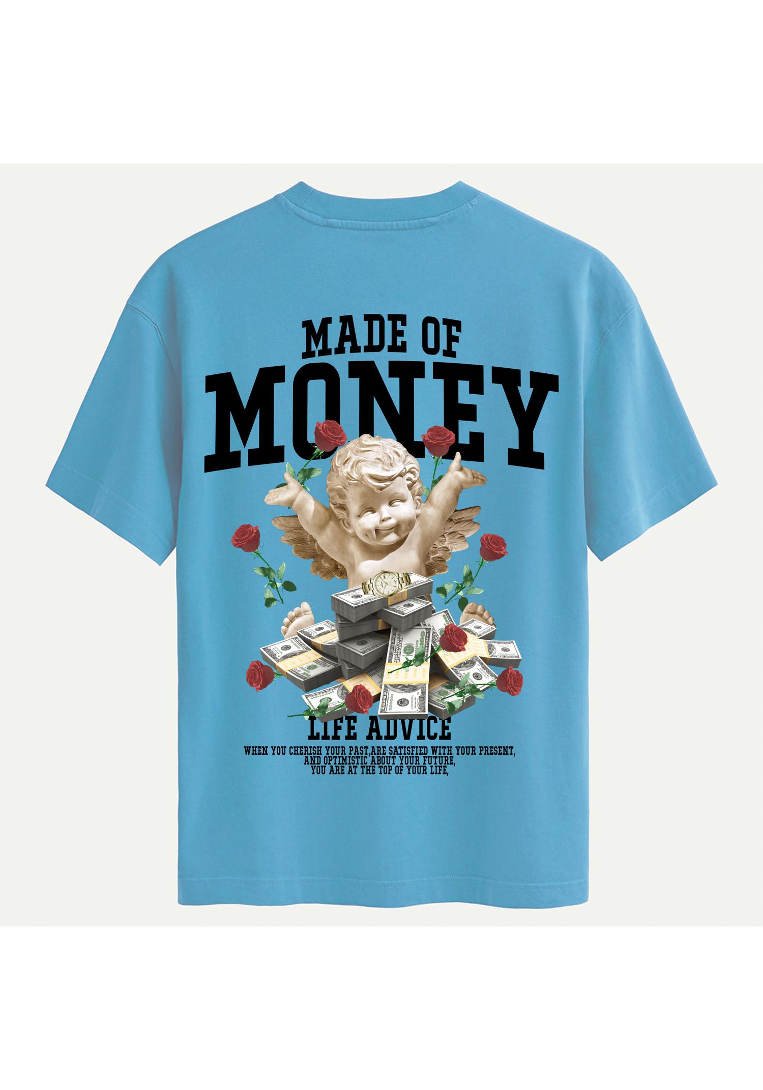 Unisex Bisiklet Yaka %100 Organik Pamuklu Kalın Dokulu Made Of Money Baskılı Oversize T-shirt - MAVİ