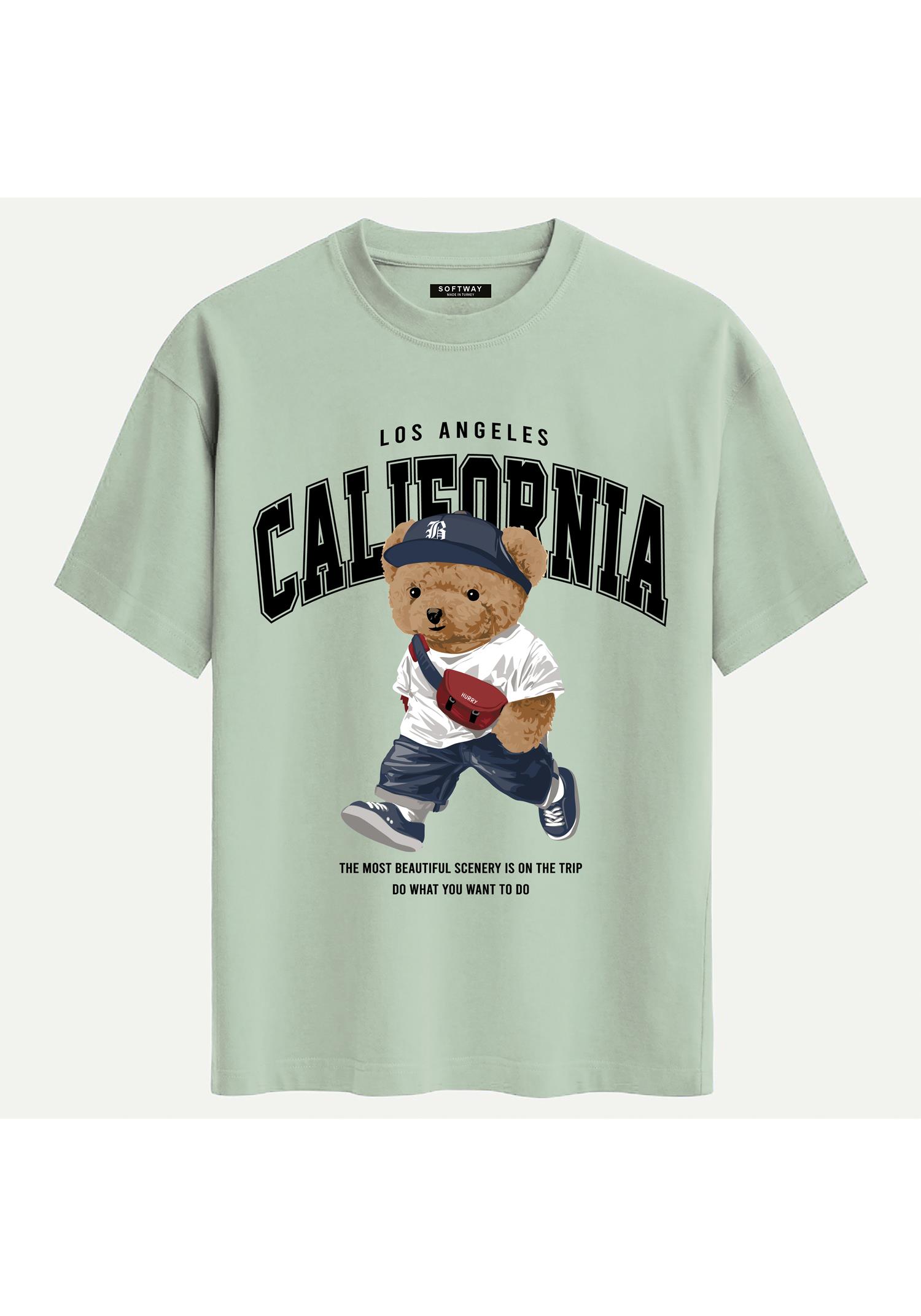 Unisex Bisiklet Yaka %100 Organik Pamuklu Kalın Dokulu California Baskılı Oversize T-shirt - BEJ