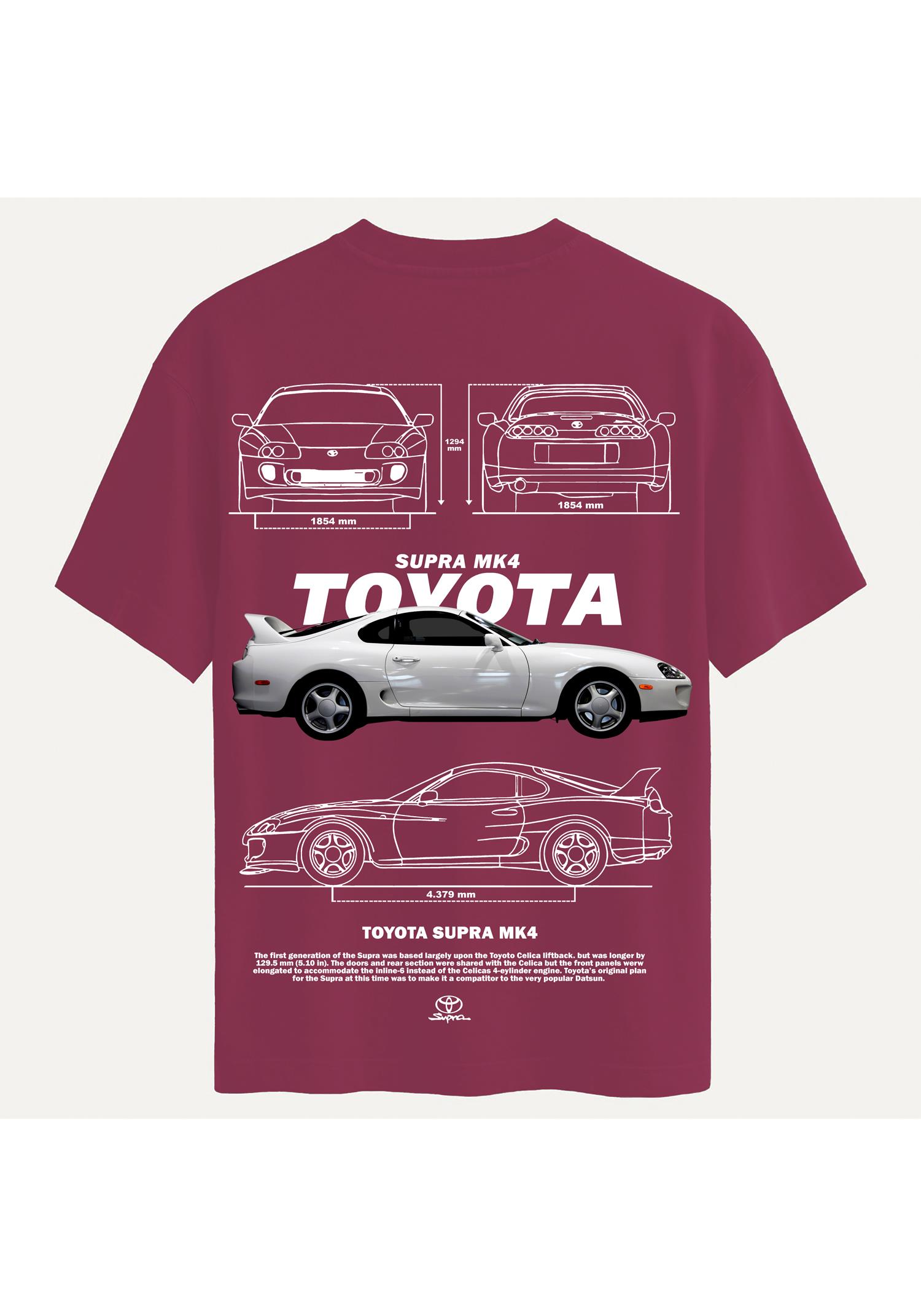 Unisex Bisiklet Yaka %100 Organik Pamuklu Kalın Dokulu Toyota Supra mk4 Baskılı Oversize T-shirt - BORDO