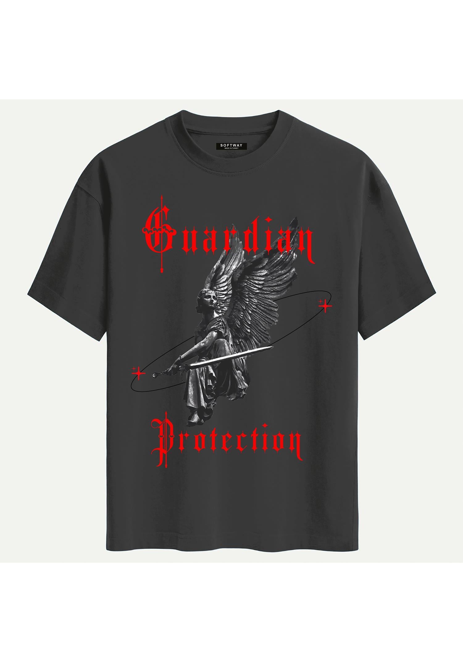 Unisex Bisiklet Yaka %100 Organik Pamuklu Kalın Dokulu Guardian Protection Baskılı Oversize T-shirt - FÜME