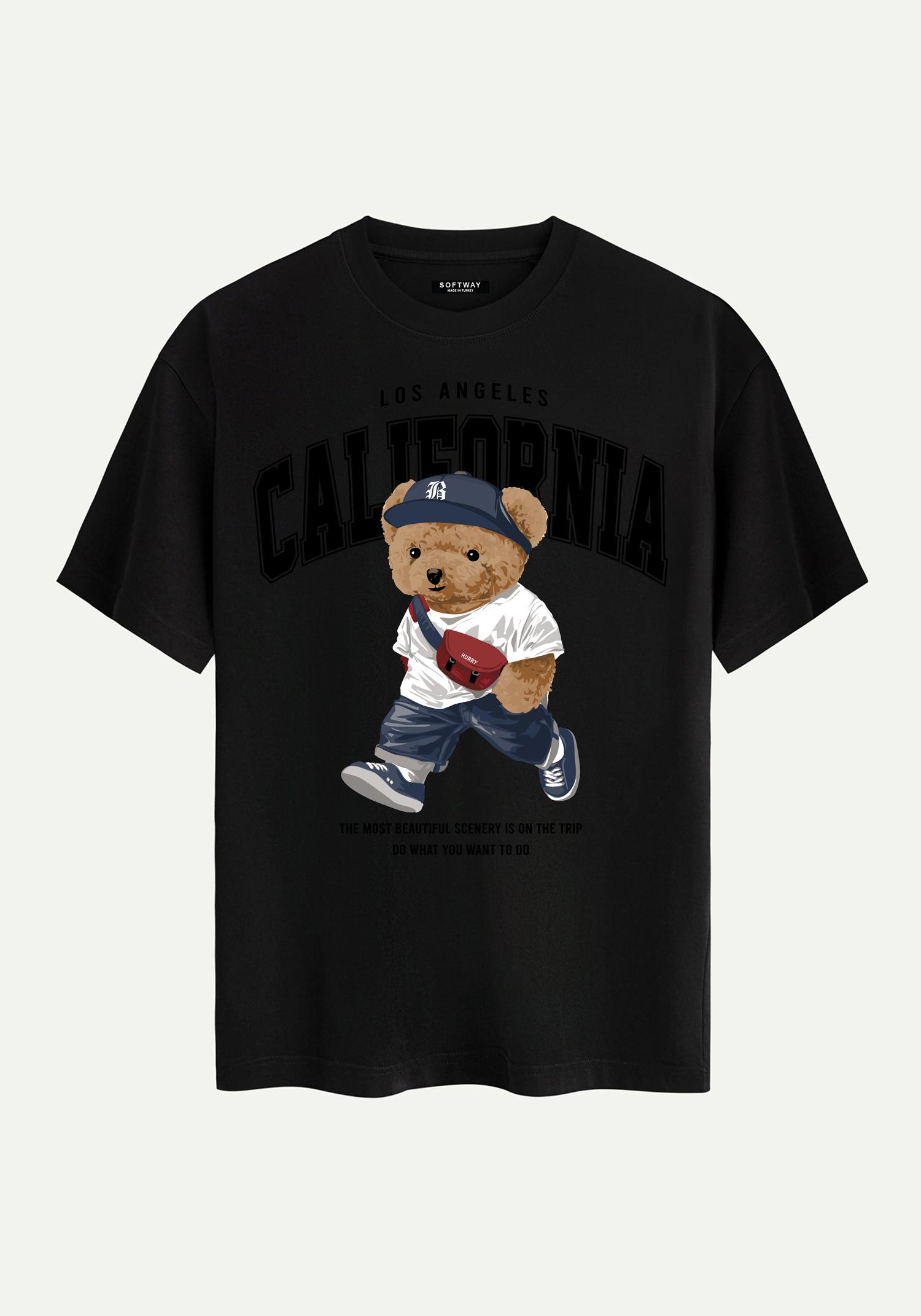 Unisex Bisiklet Yaka %100 Organik Pamuklu Kalın Dokulu California Baskılı Oversize T-shirt - SİYAH