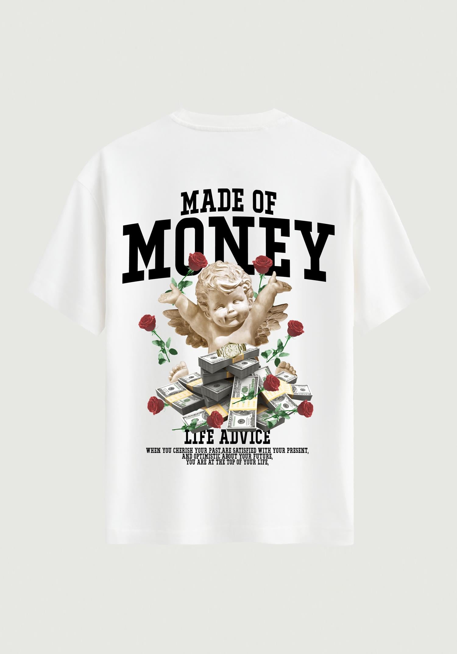Unisex Bisiklet Yaka %100 Organik Pamuklu Kalın Dokulu Made Of Money Baskılı Oversize T-shirt - BEYAZ