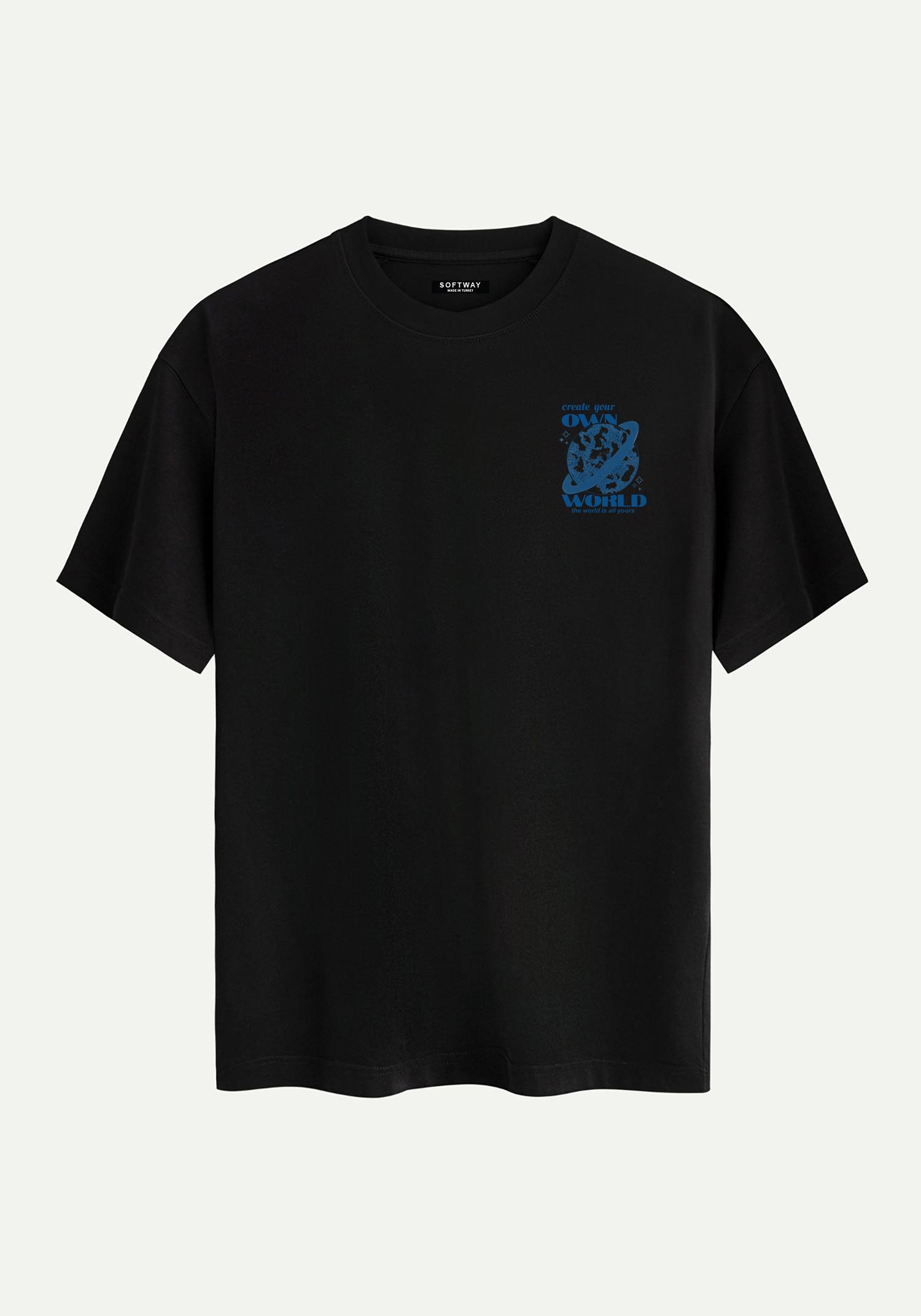 Unisex Bisiklet Yaka %100 Organik Pamuklu Kalın Dokulu Own World Baskılı Oversize T-shirt - SİYAH