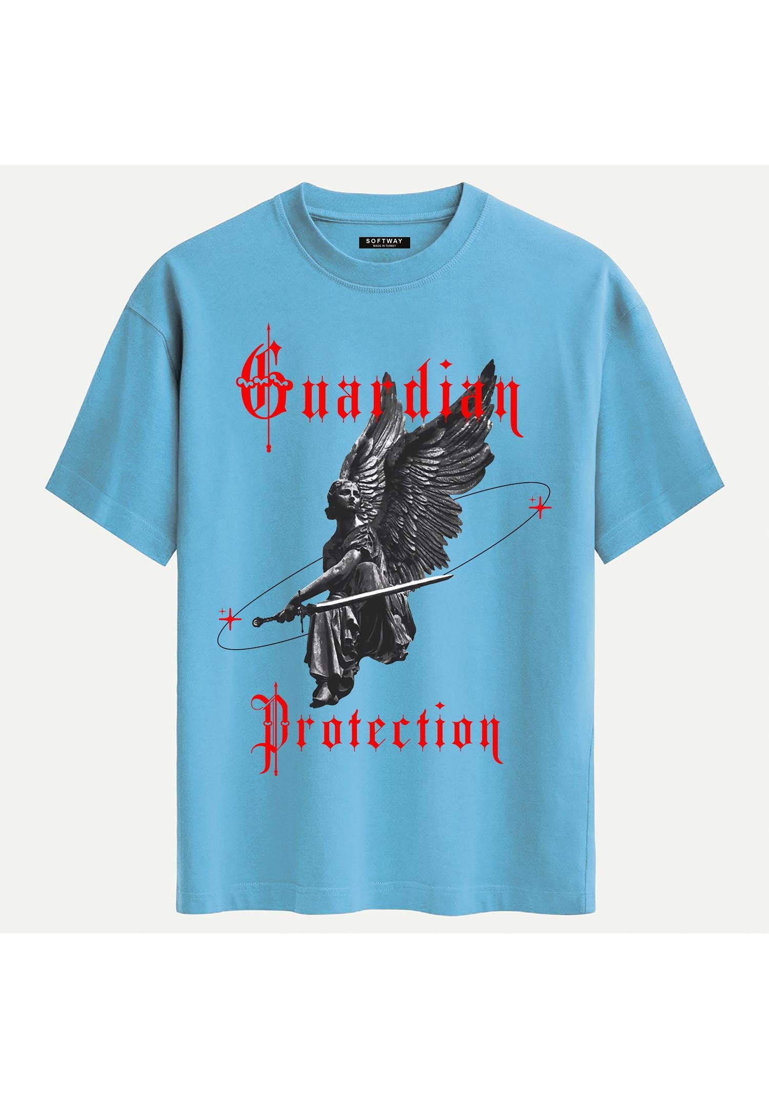 Unisex Bisiklet Yaka %100 Organik Pamuklu Kalın Dokulu Guardian Protection Baskılı Oversize T-shirt - MAVİ