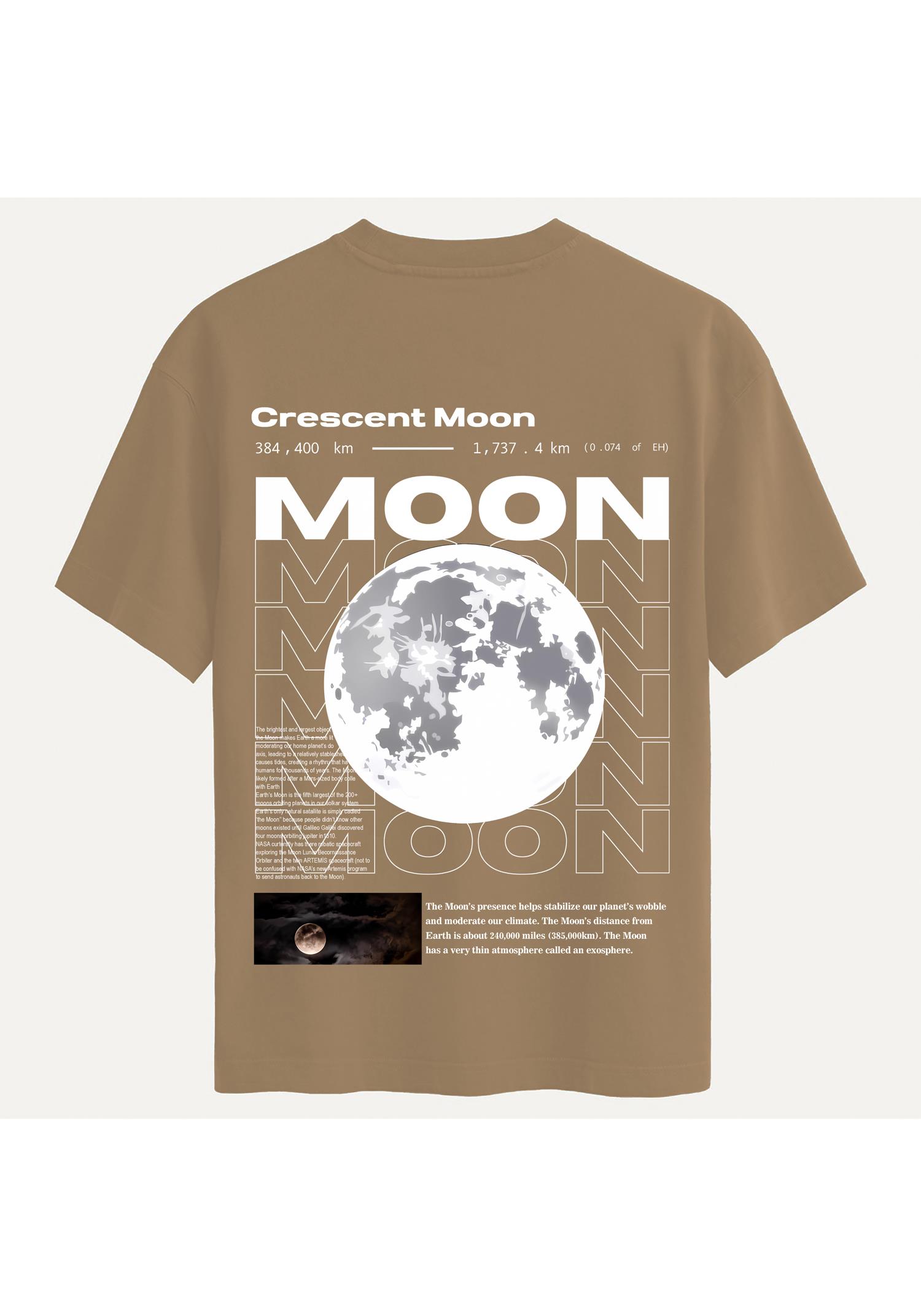Unisex Bisiklet Yaka %100 Organik Pamuklu Kalın Dokulu Moon Baskılı Oversize T-shirt - AÇIK KAHVERENGİ