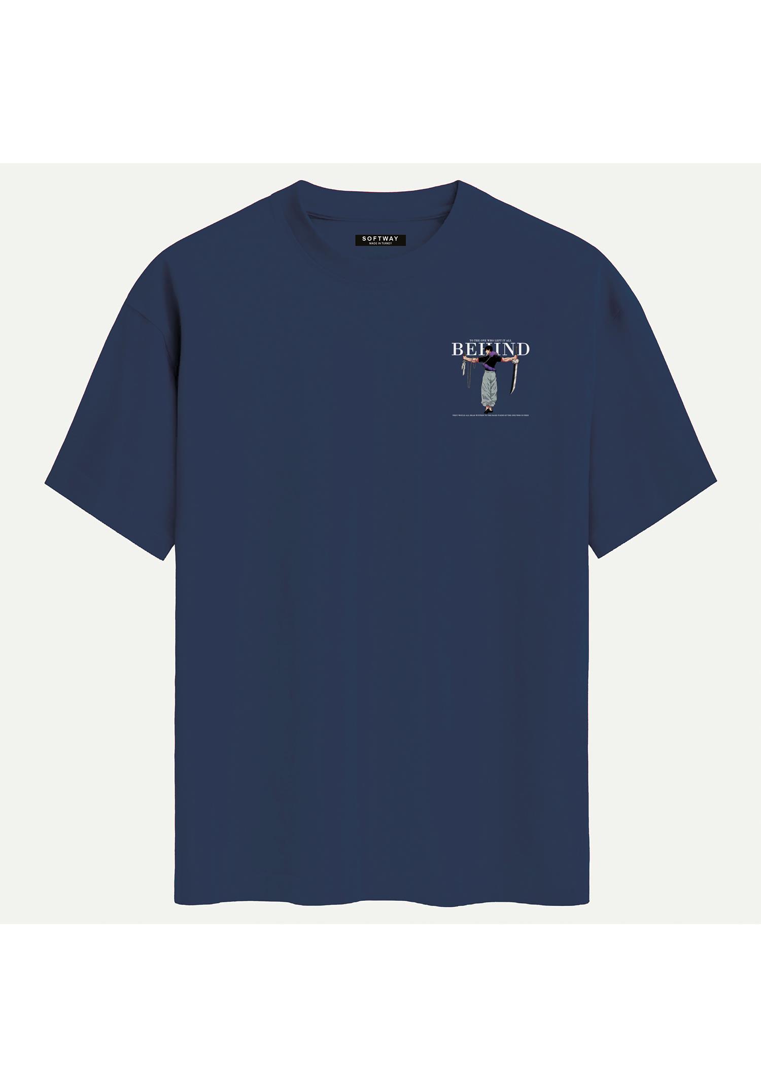 Unisex Bisiklet Yaka %100 Organik Pamuklu Kalın Dokulu Behind Baskılı Oversize T-shirt - LACİVERT