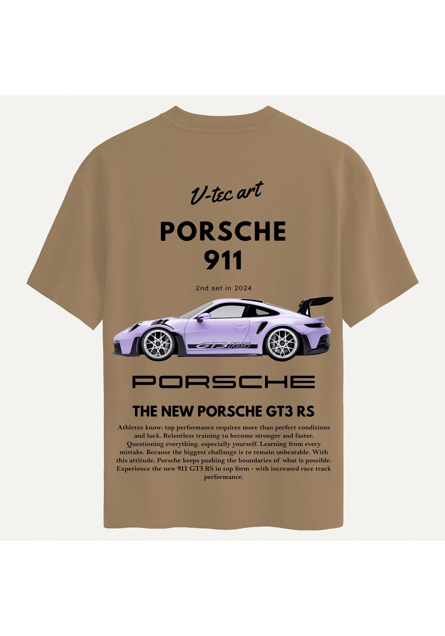 Unisex Bisiklet Yaka %100 Organik Pamuklu Kalın Dokulu Porsche 911 Baskılı Oversize T-shirt - AÇIK KAHVERENGİ