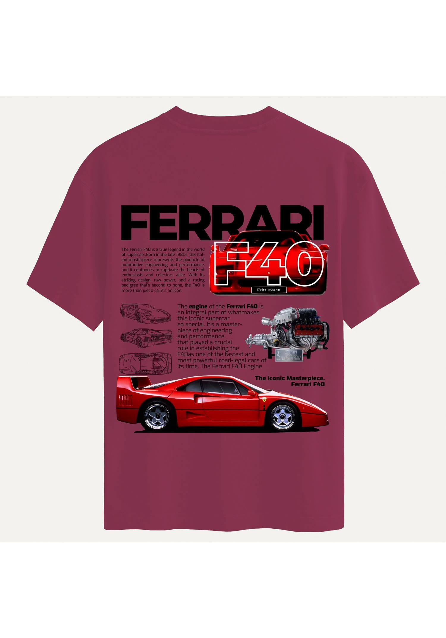 Unisex Bisiklet Yaka %100 Organik Pamuklu Kalın Dokulu Ferrari F40 Baskılı Oversize T-shirt - BORDO