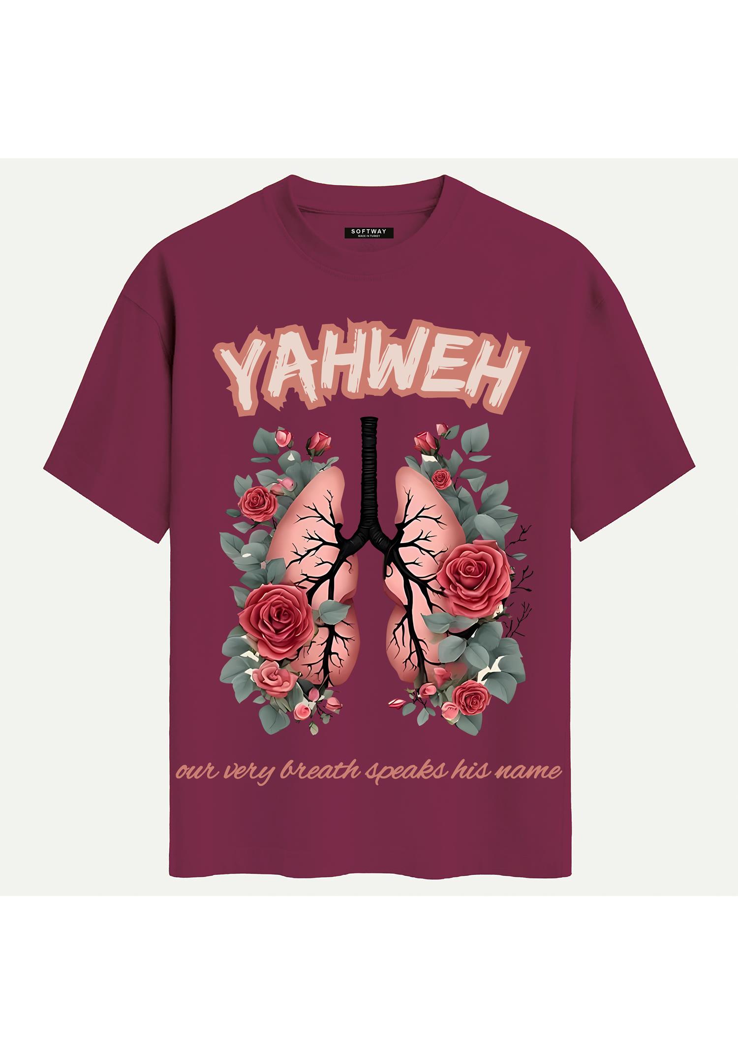 Unisex Bisiklet Yaka %100 Organik Pamuklu Kalın Dokulu YAHWEH Baskılı Oversize T-shirt - BORDO