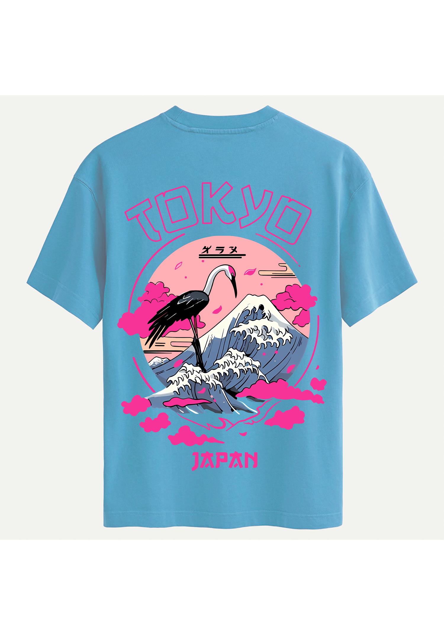 Unisex Bisiklet Yaka %100 Organik Pamuklu Kalın Dokulu Tokyo Baskılı Oversize T-shirt - MAVİ