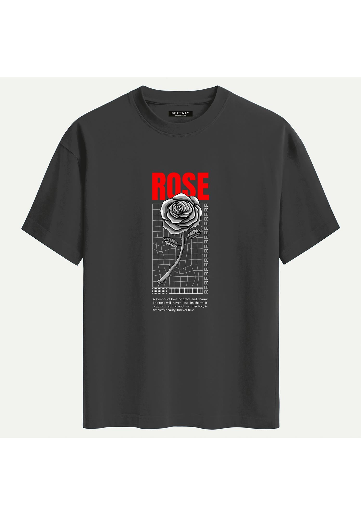Unisex Bisiklet Yaka %100 Organik Pamuklu Kalın Dokulu Rose Baskılı Oversize T-shirt - FÜME