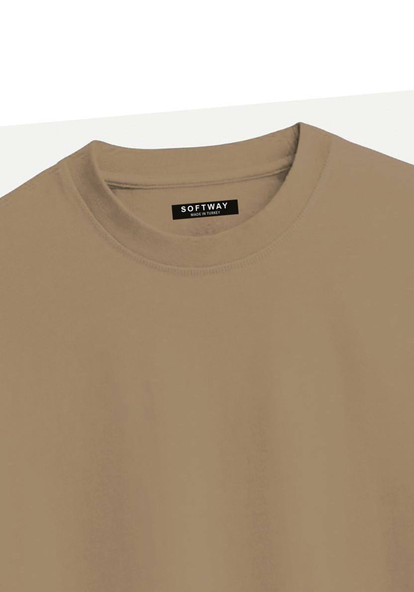Unisex Bisiklet Yaka %100 Organik Pamuklu Kalın Dokulu Tokyo Baskılı Oversize T-shirt - AÇIK KAHVERENGİ