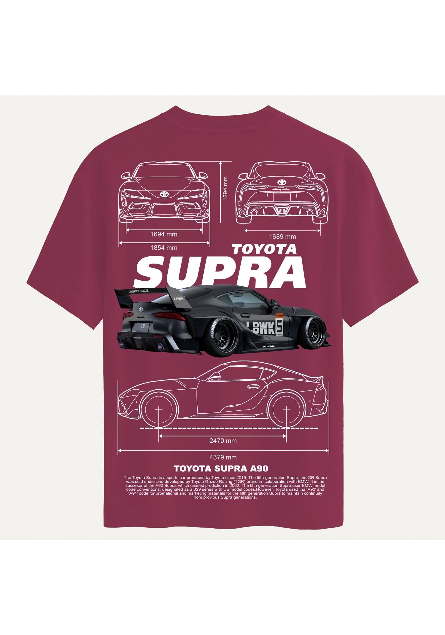 Unisex Bisiklet Yaka %100 Organik Pamuklu Kalın Dokulu Toyota Supra A90 Baskılı Oversize T-shirt - BORDO