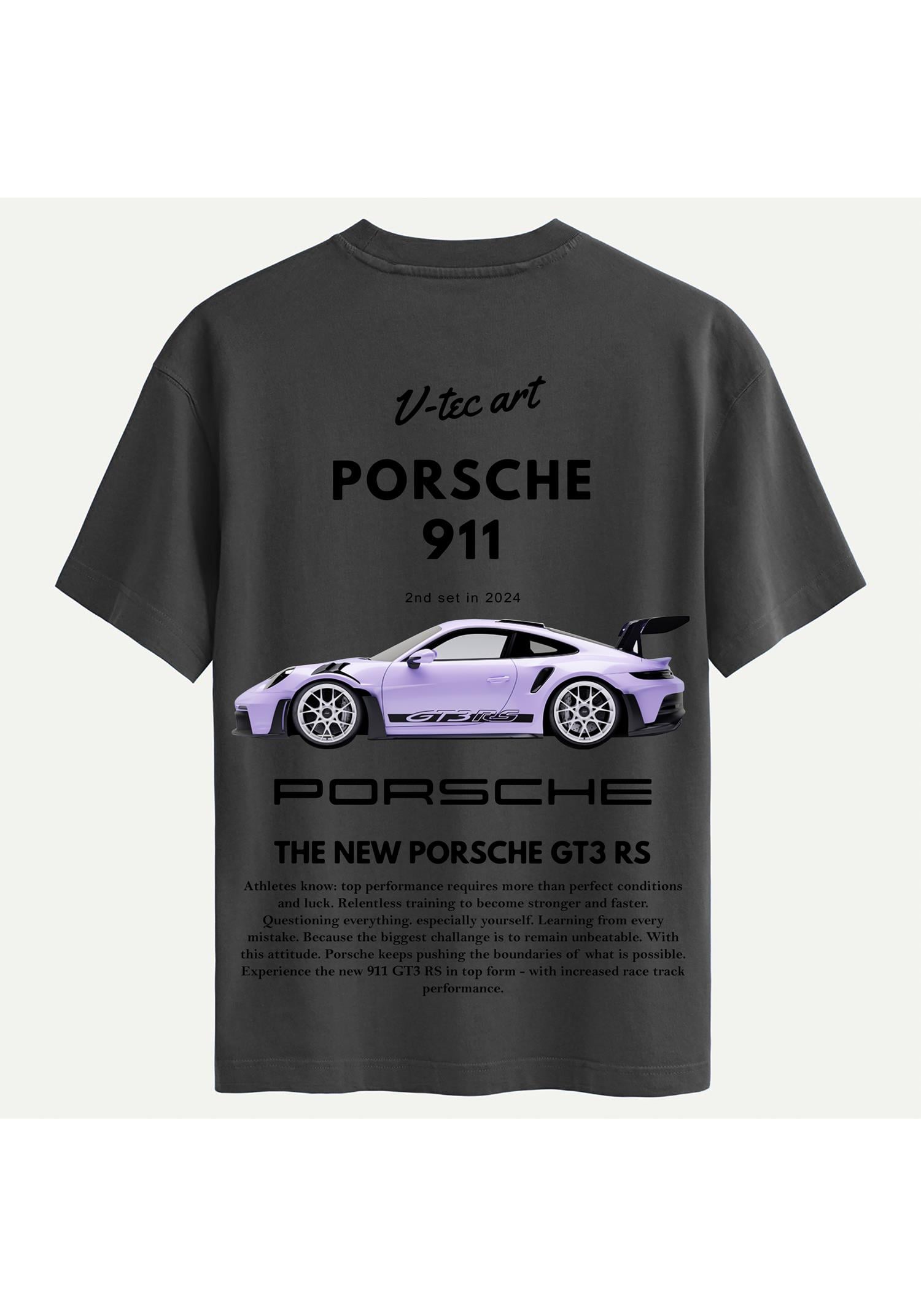 Unisex Bisiklet Yaka %100 Organik Pamuklu Kalın Dokulu Porsche 911 Baskılı Oversize T-shirt - FÜME