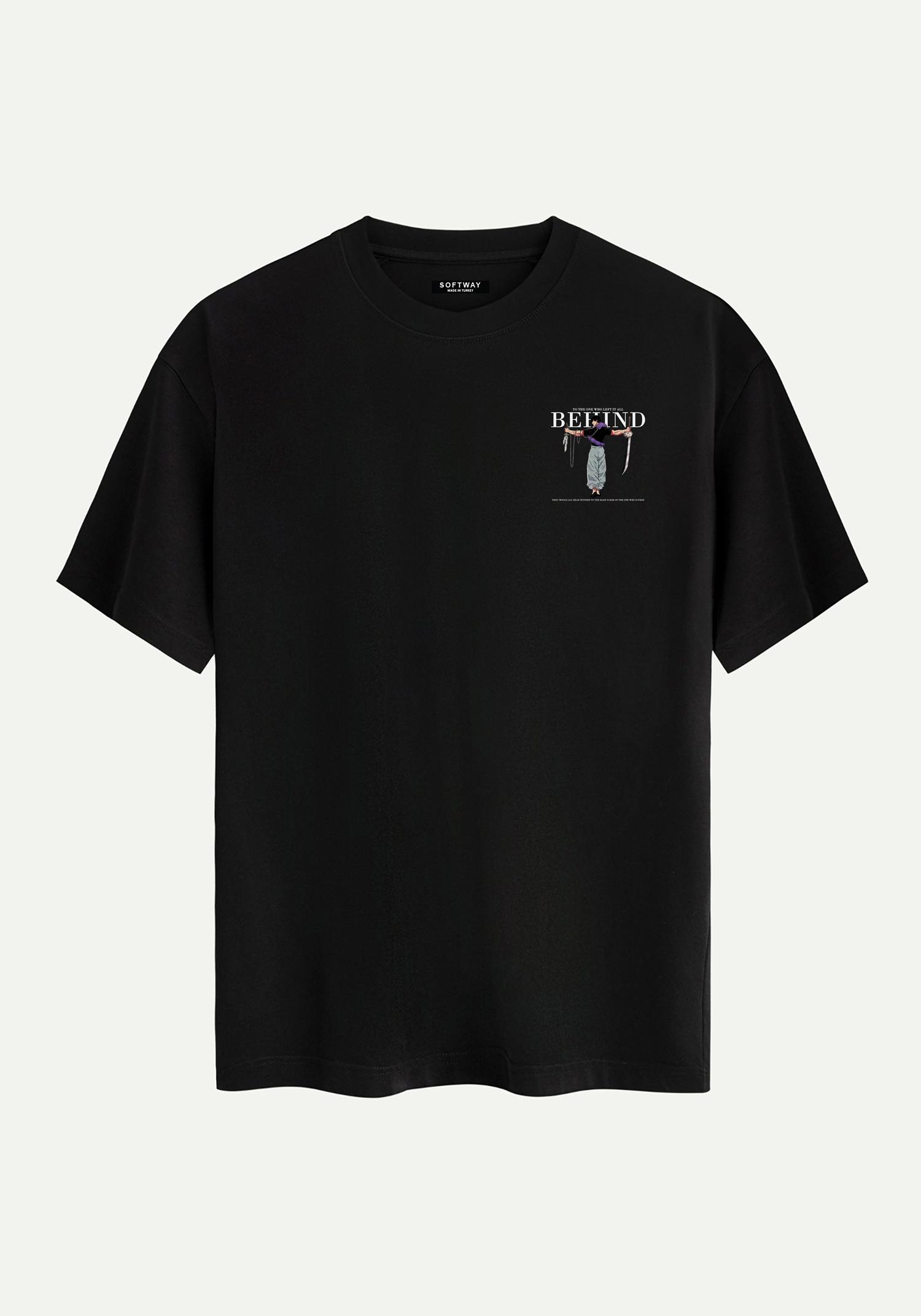 Unisex Bisiklet Yaka %100 Organik Pamuklu Kalın Dokulu Behind Baskılı Oversize T-shirt - SİYAH