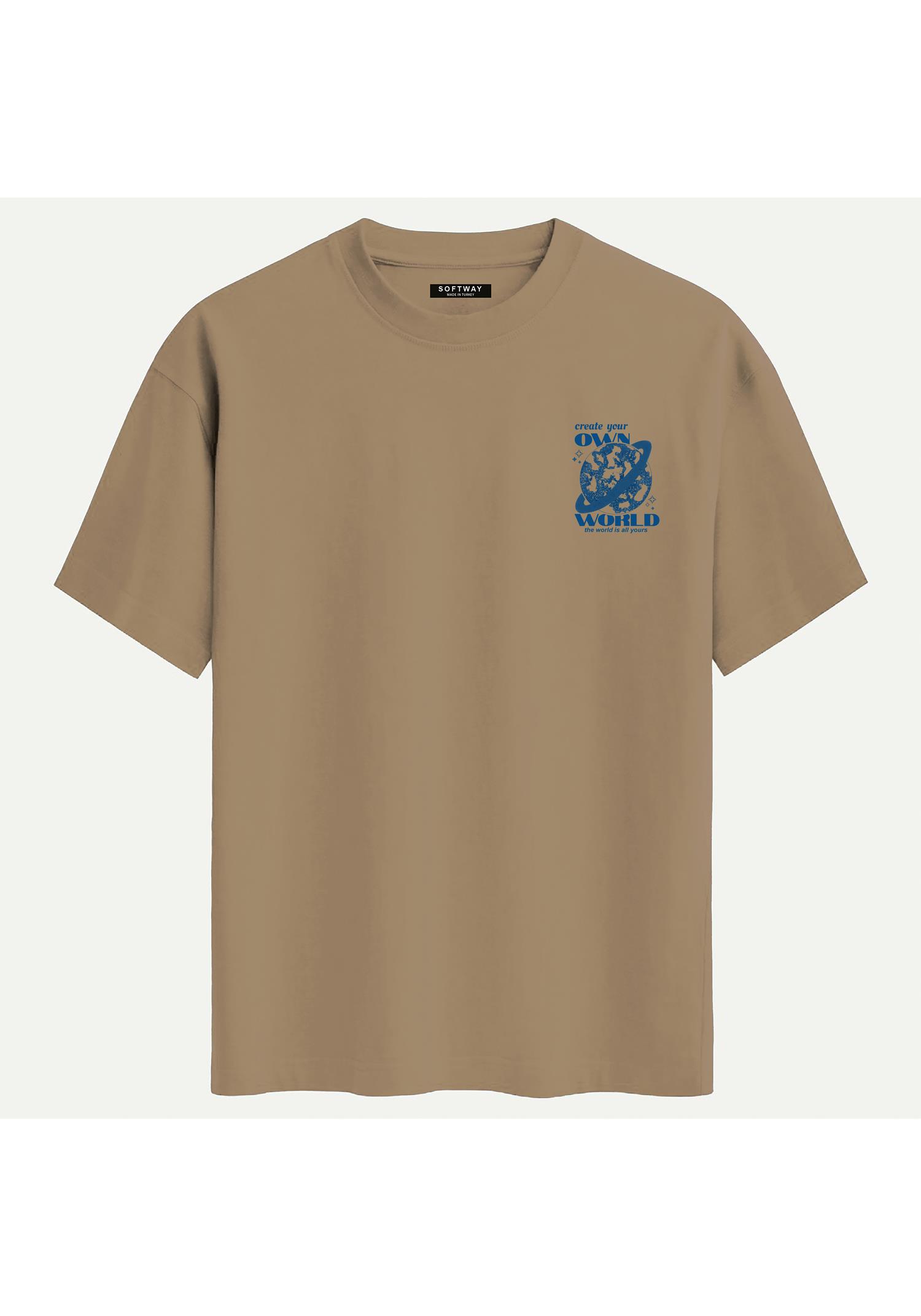 Unisex Bisiklet Yaka %100 Organik Pamuklu Kalın Dokulu Own World Baskılı Oversize T-shirt - AÇIK KAHVERENGİ