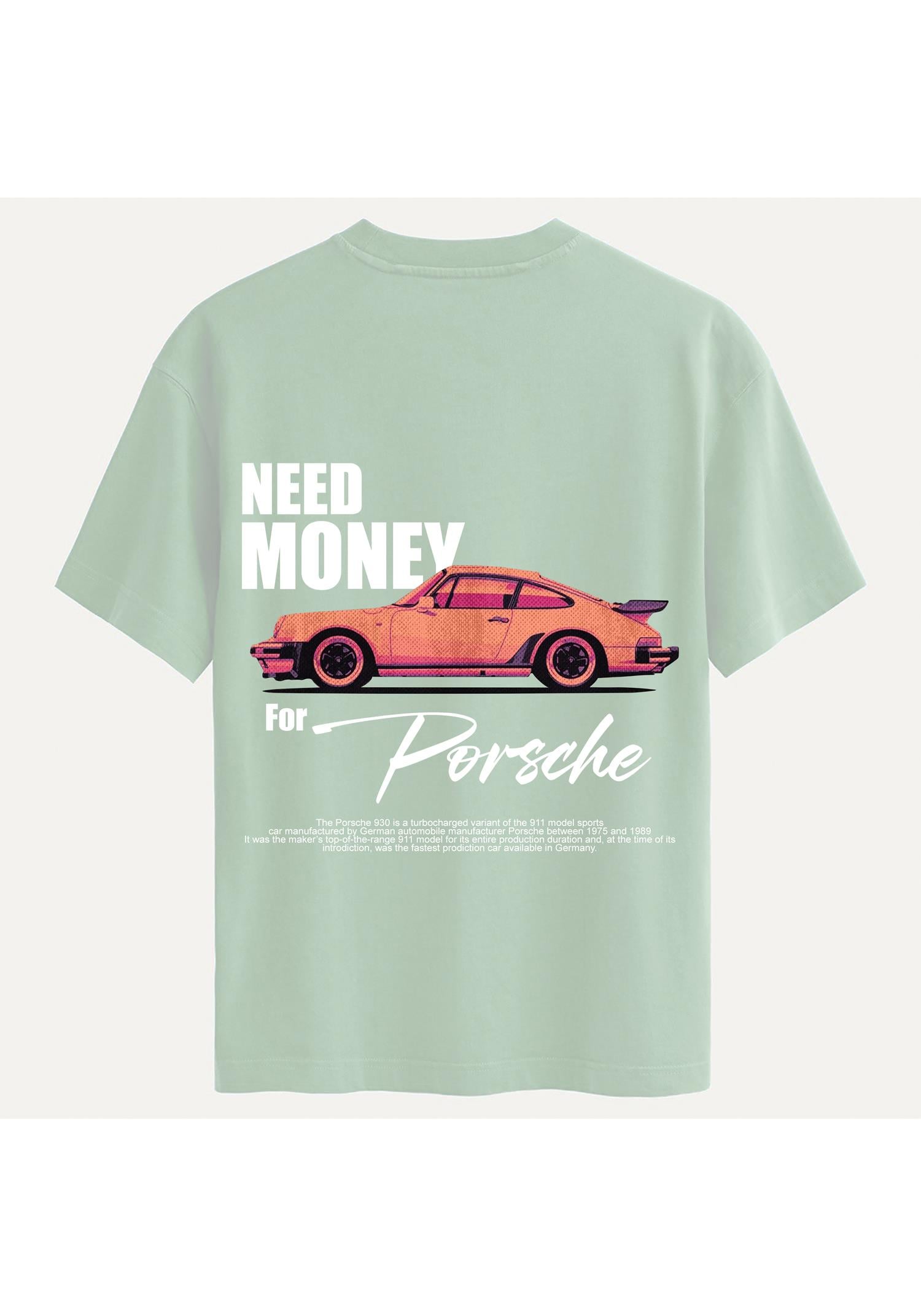 Unisex Bisiklet Yaka %100 Organik Pamuklu Kalın Dokulu Need Money For Porsche Baskılı Oversize T-shirt - BEJ