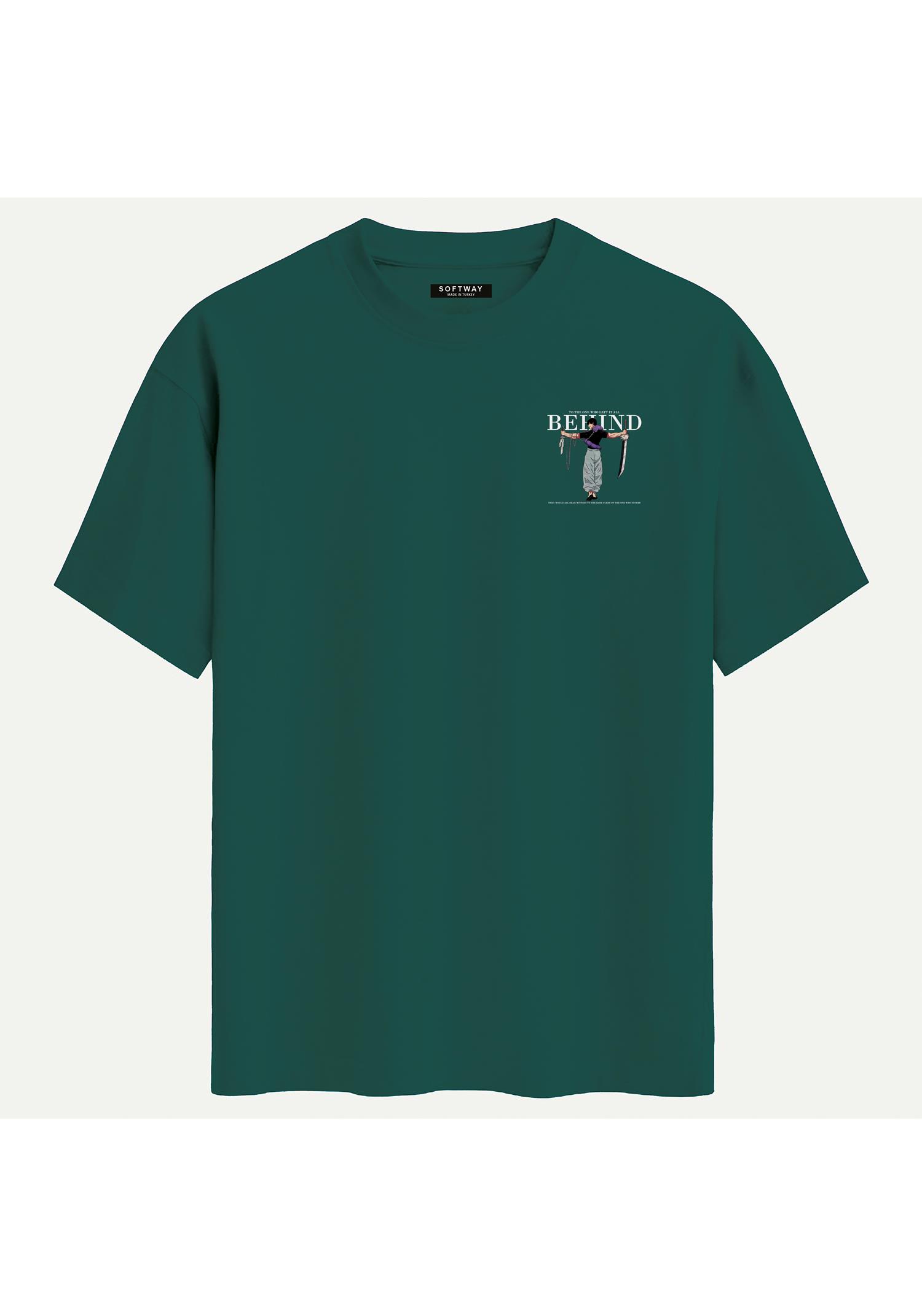 Unisex Bisiklet Yaka %100 Organik Pamuklu Kalın Dokulu Behind Baskılı Oversize T-shirt - KOYU YEŞİL