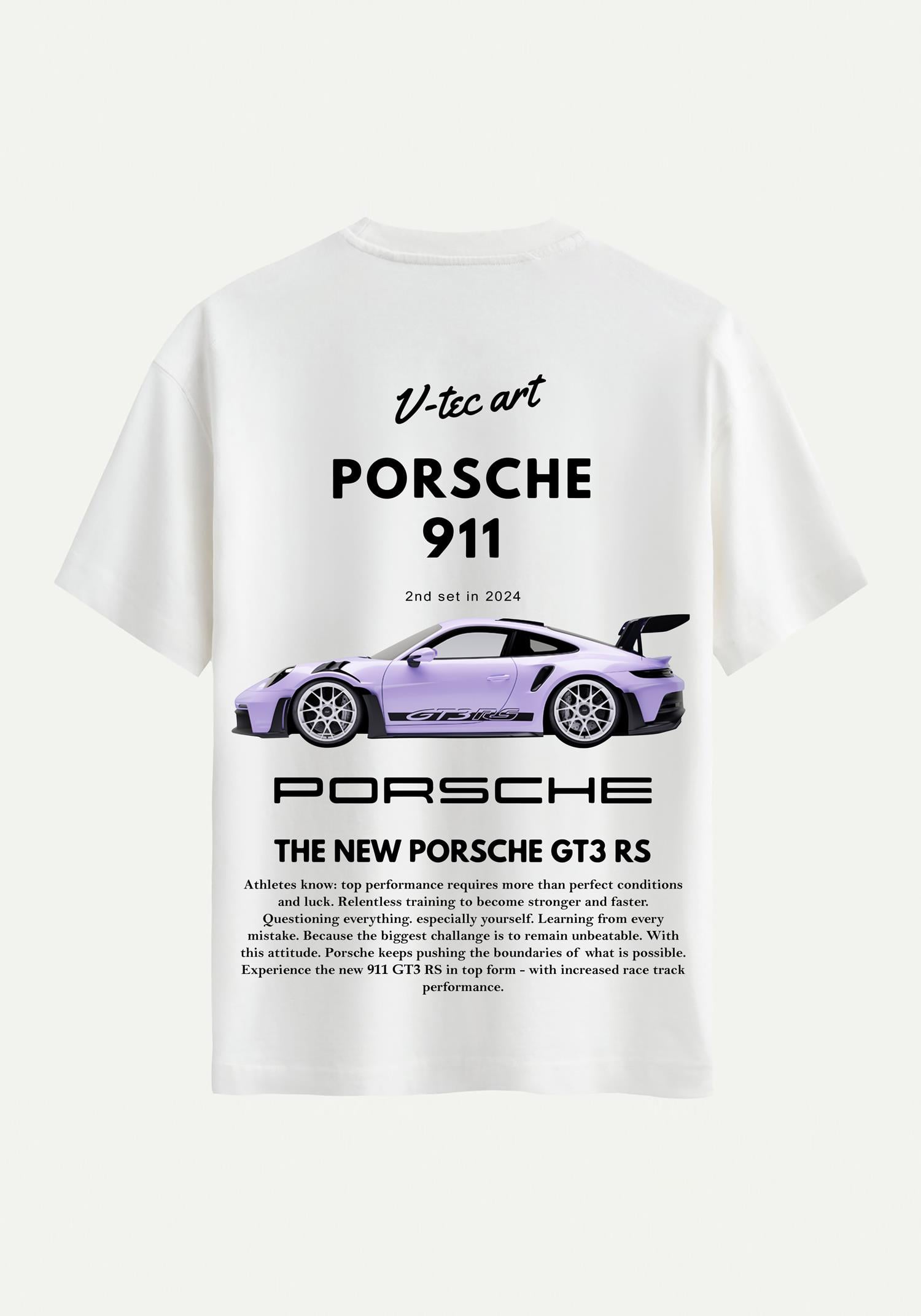 Unisex Bisiklet Yaka %100 Organik Pamuklu Kalın Dokulu Porsche 911 Baskılı Oversize T-shirt - EKRU