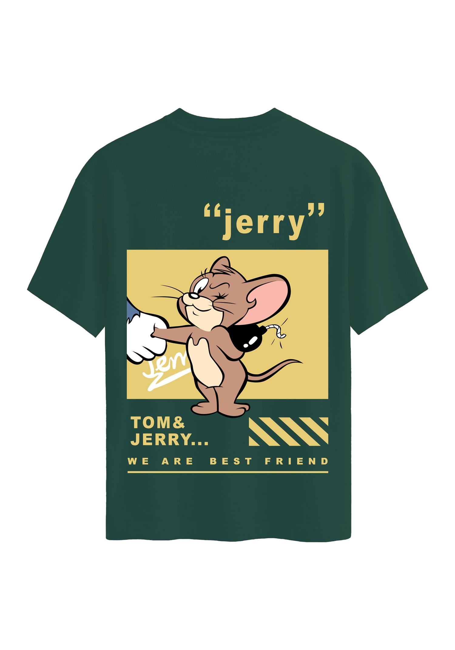 Unisex Bisiklet Yaka %100 Organik Pamuklu Kalın Dokulu Jerry Baskılı Oversize T-shirt - KOYU YEŞİL