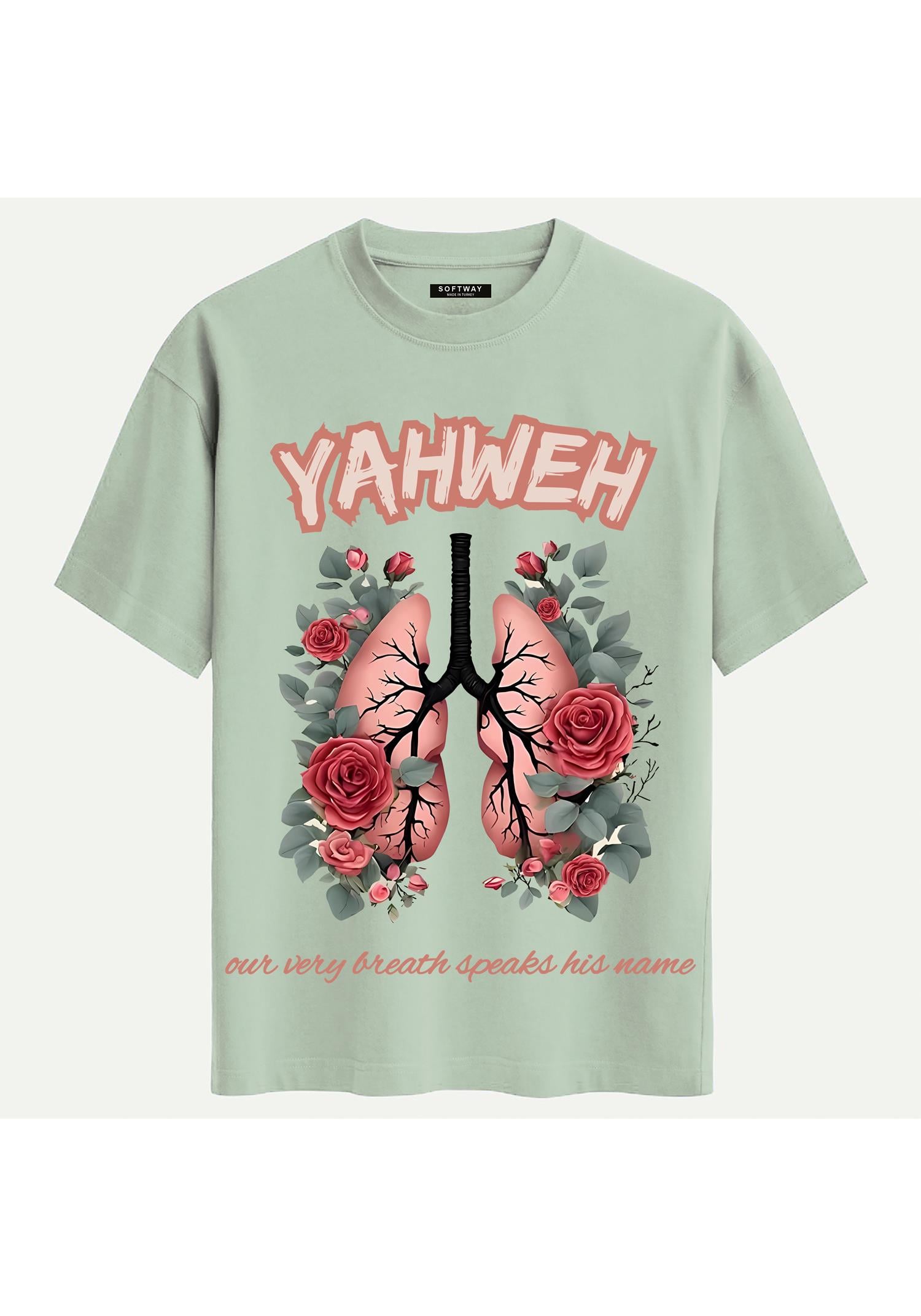 Unisex Bisiklet Yaka %100 Organik Pamuklu Kalın Dokulu YAHWEH Baskılı Oversize T-shirt - BEJ
